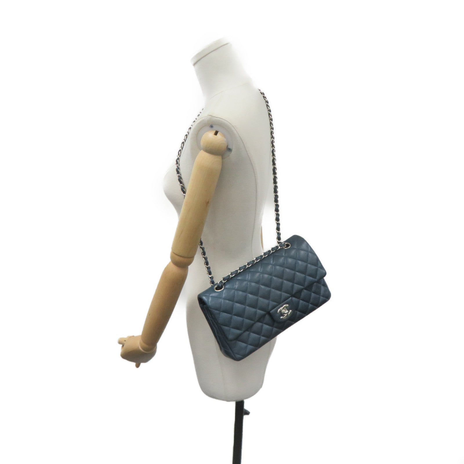 CHANEL Caviar Leather Classic 25cm Chain Shoulder Bag Silver Buckle Chain Shoulder Bag Green Blue