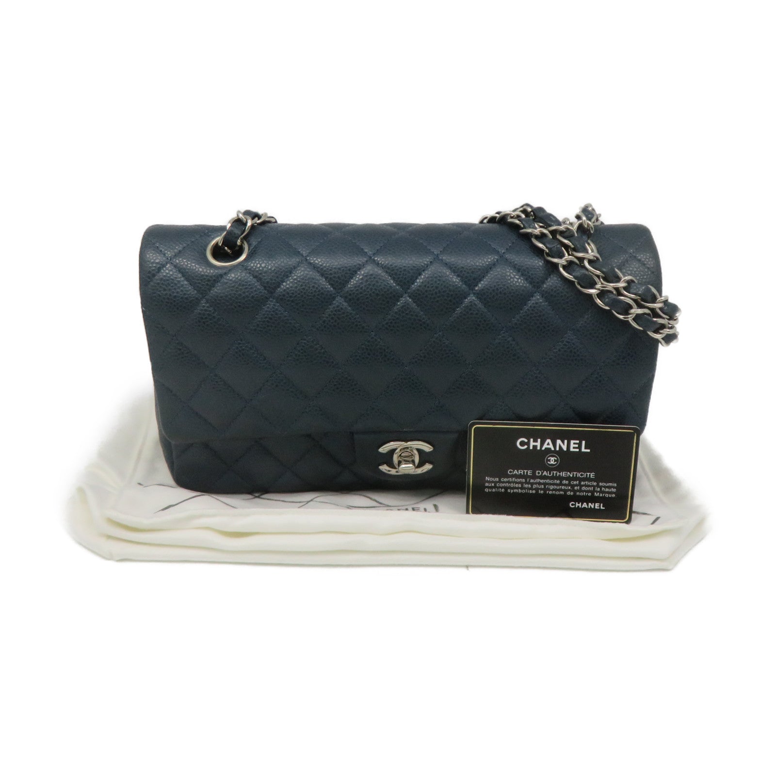 CHANEL Caviar Leather Classic 25cm Chain Shoulder Bag Silver Buckle Chain Shoulder Bag Green Blue
