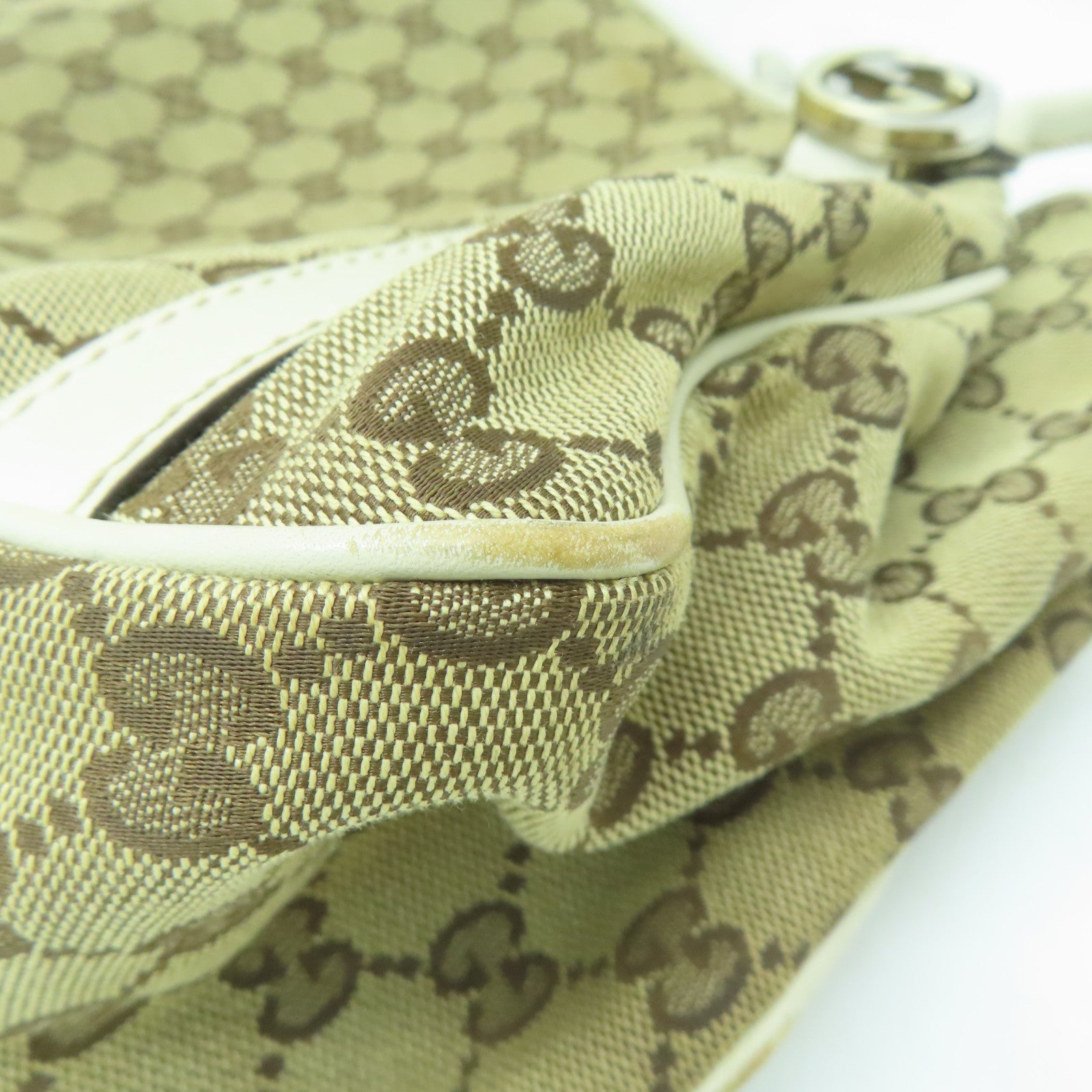 GUCCI 帆布/皮革Shoulder Bag金扣/銀扣肩背袋啡色/白色