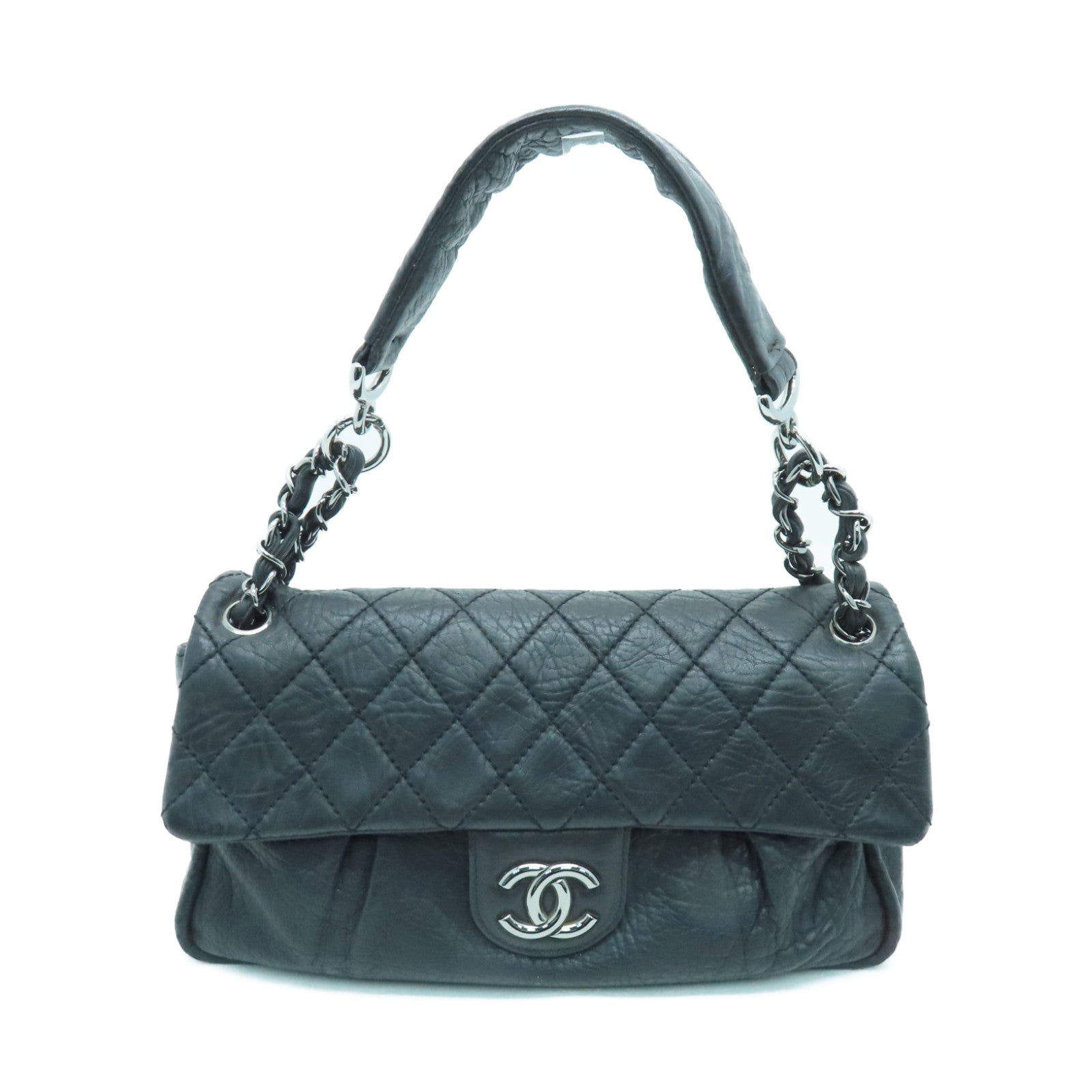 CHANEL 菱格牛皮皮革Shoulder Bag银扣肩背袋黑色