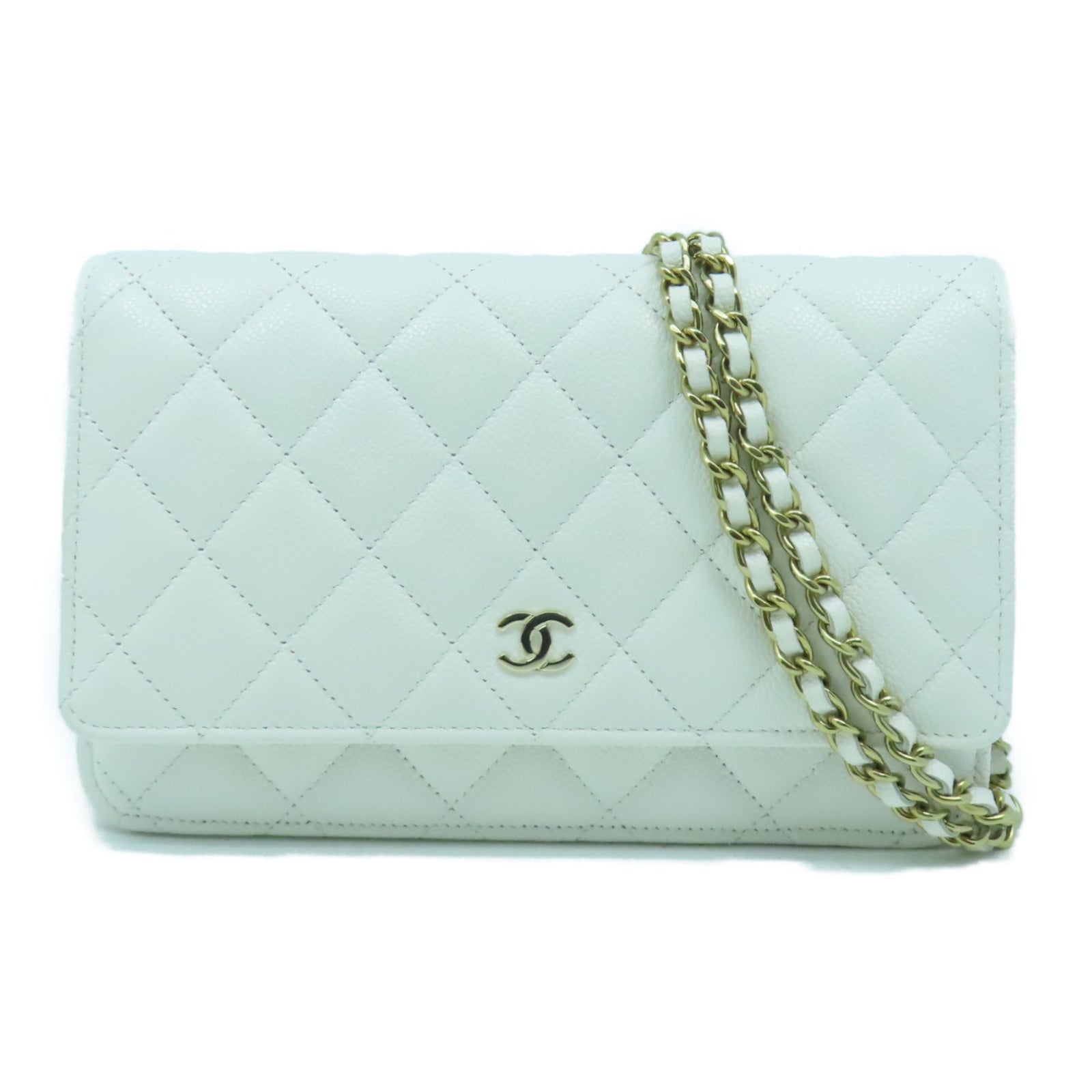 CHANEL 菱格Caviar皮革WOC Wallet On Chain金扣鏈帶肩背袋白色