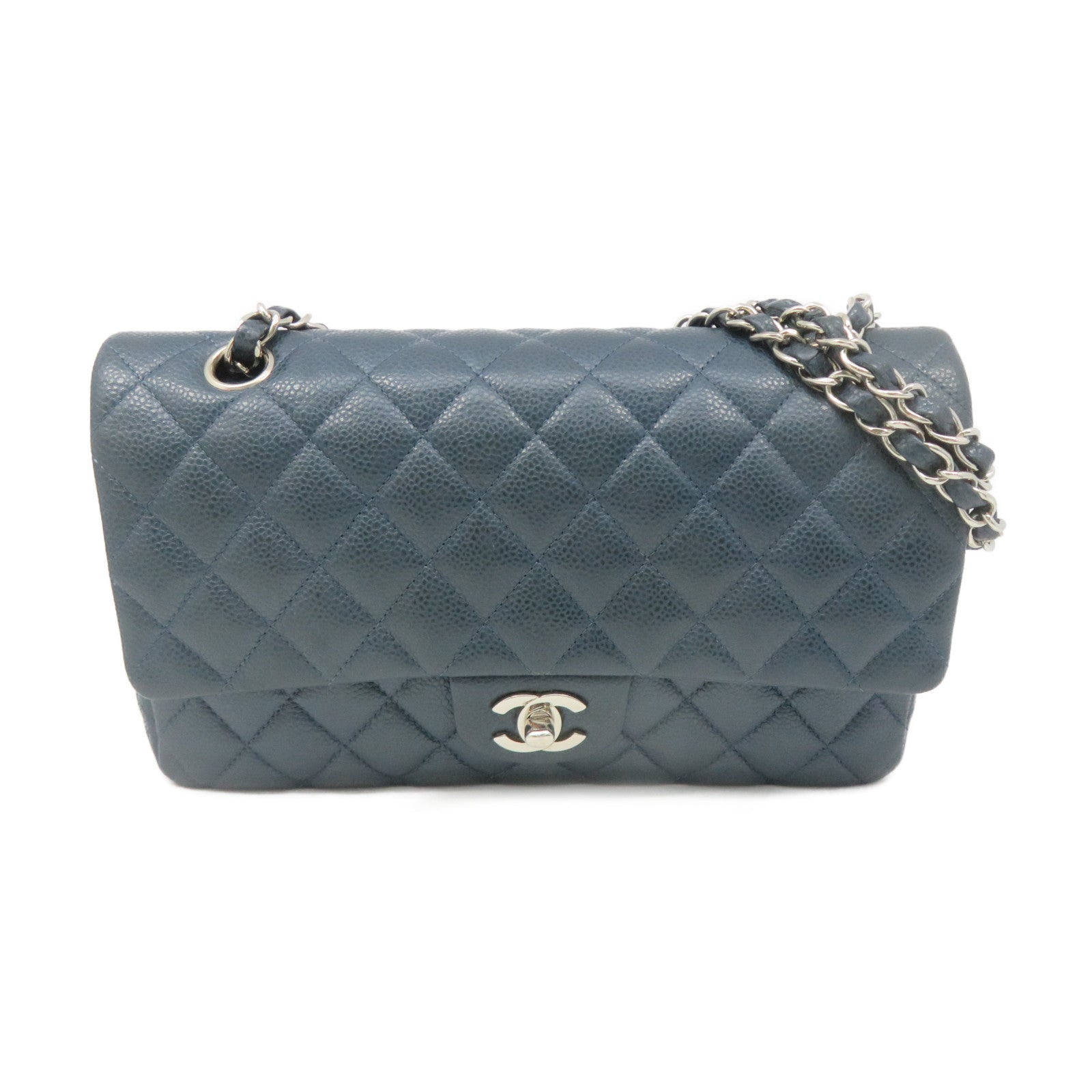 CHANEL Caviar Leather Classic 25cm Chain Shoulder Bag Silver Buckle Chain  Shoulder Bag Green Blue