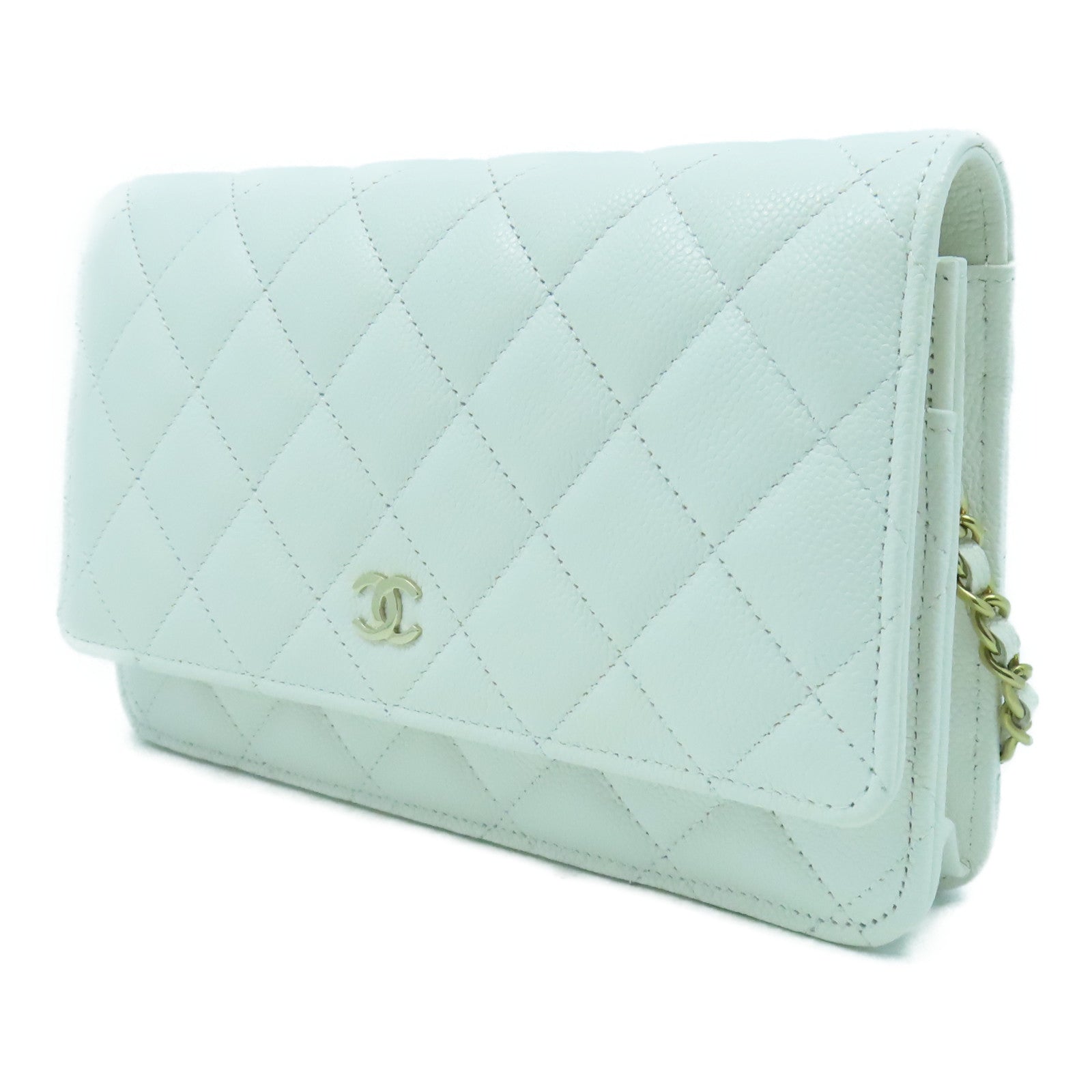 CHANEL 菱格Caviar皮革WOC Wallet On Chain金扣鏈帶肩背袋白色
