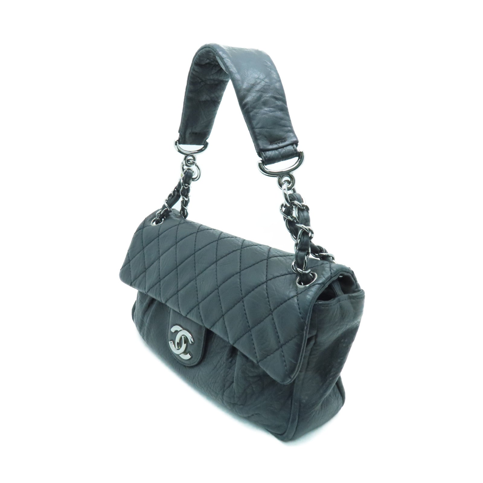 CHANEL 菱格牛皮皮革Shoulder Bag银扣肩背袋黑色
