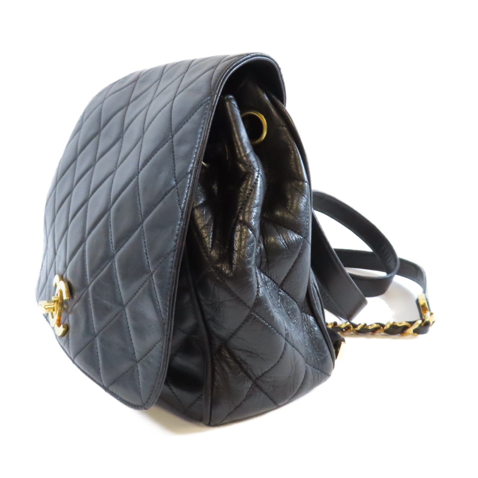 CHANEL 菱格羊皮皮革Vintage Backpack金扣背包黑色