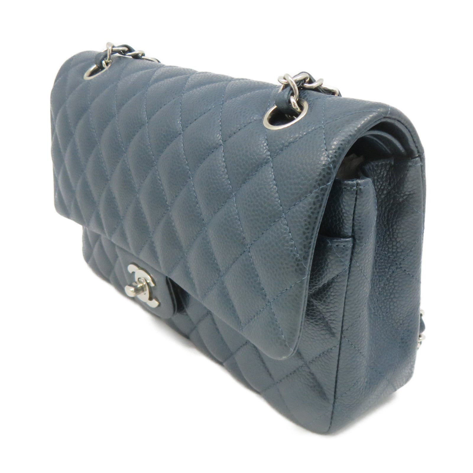 CHANEL Caviar Leather Classic 25cm Chain Shoulder Bag Silver Buckle Chain Shoulder Bag Green Blue