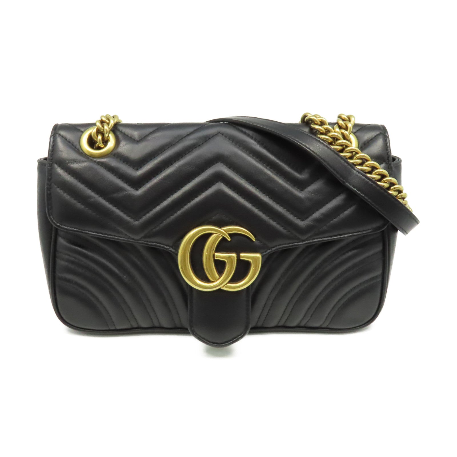 GUCCI 牛皮皮革GG Marmont金扣鏈帶肩背袋黑色