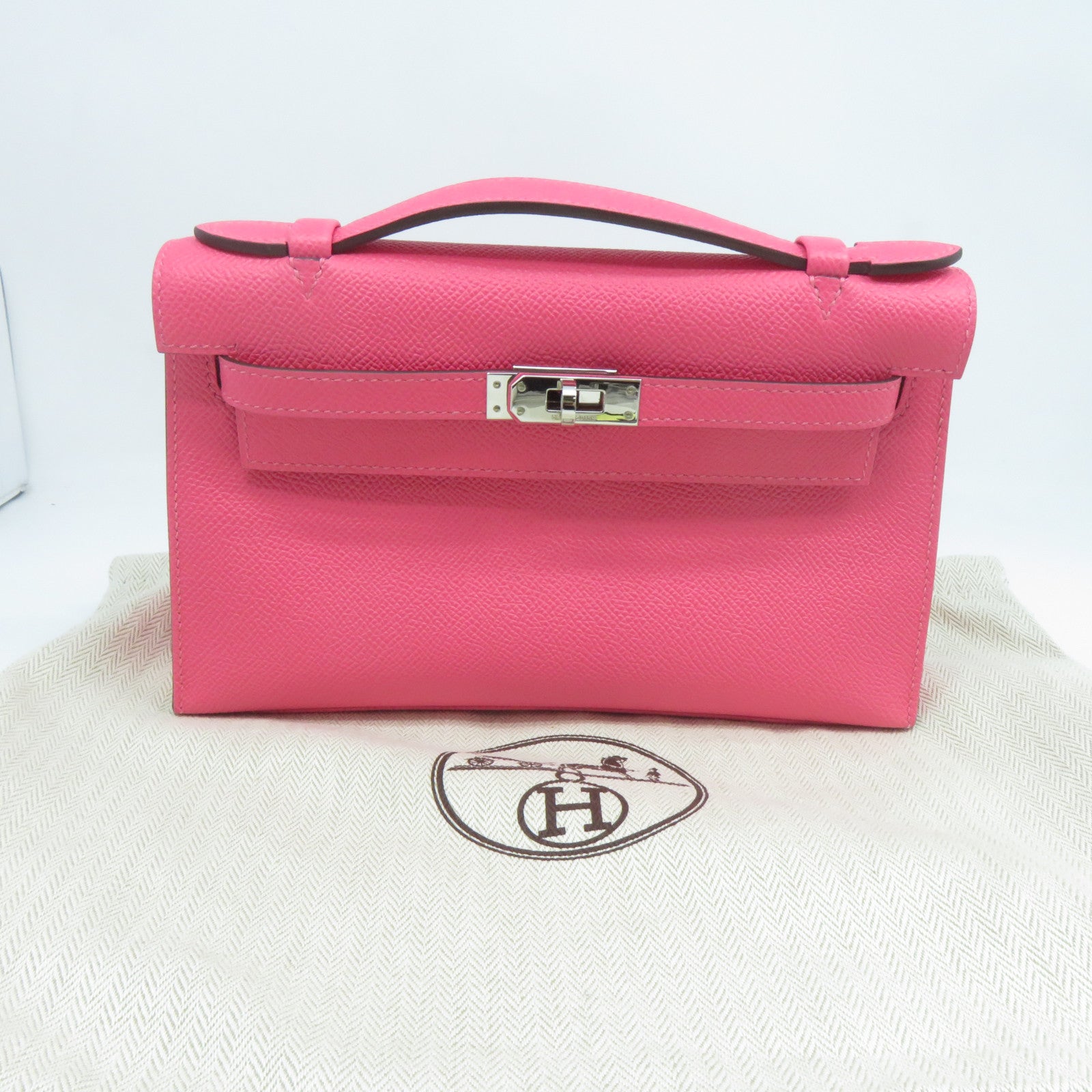 HERMES Epsom皮革Kelly Pochette銀扣手挽袋粉紅色