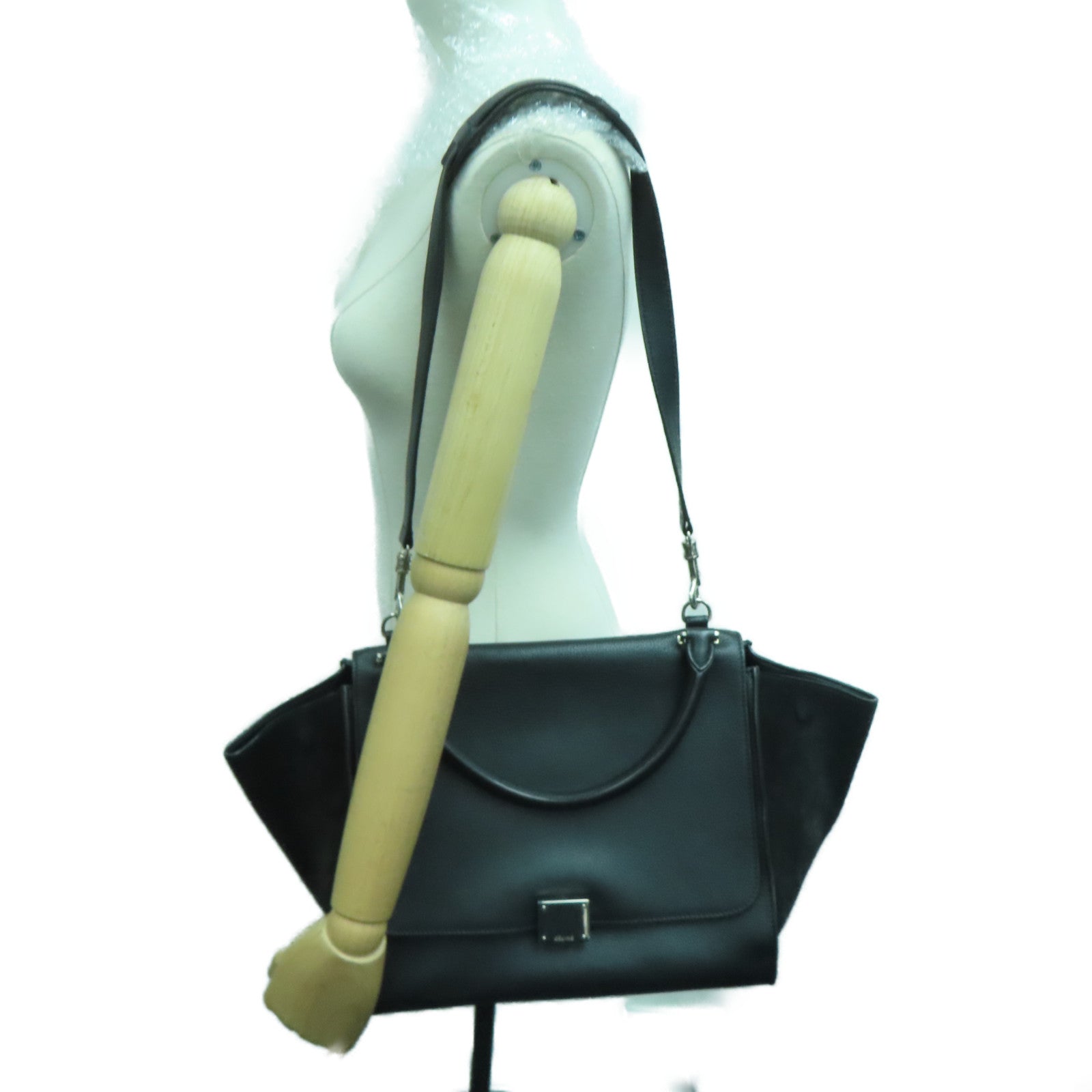 CELINE 牛皮/麂皮皮革Trapeze銀扣手挽肩背兩用袋黑色