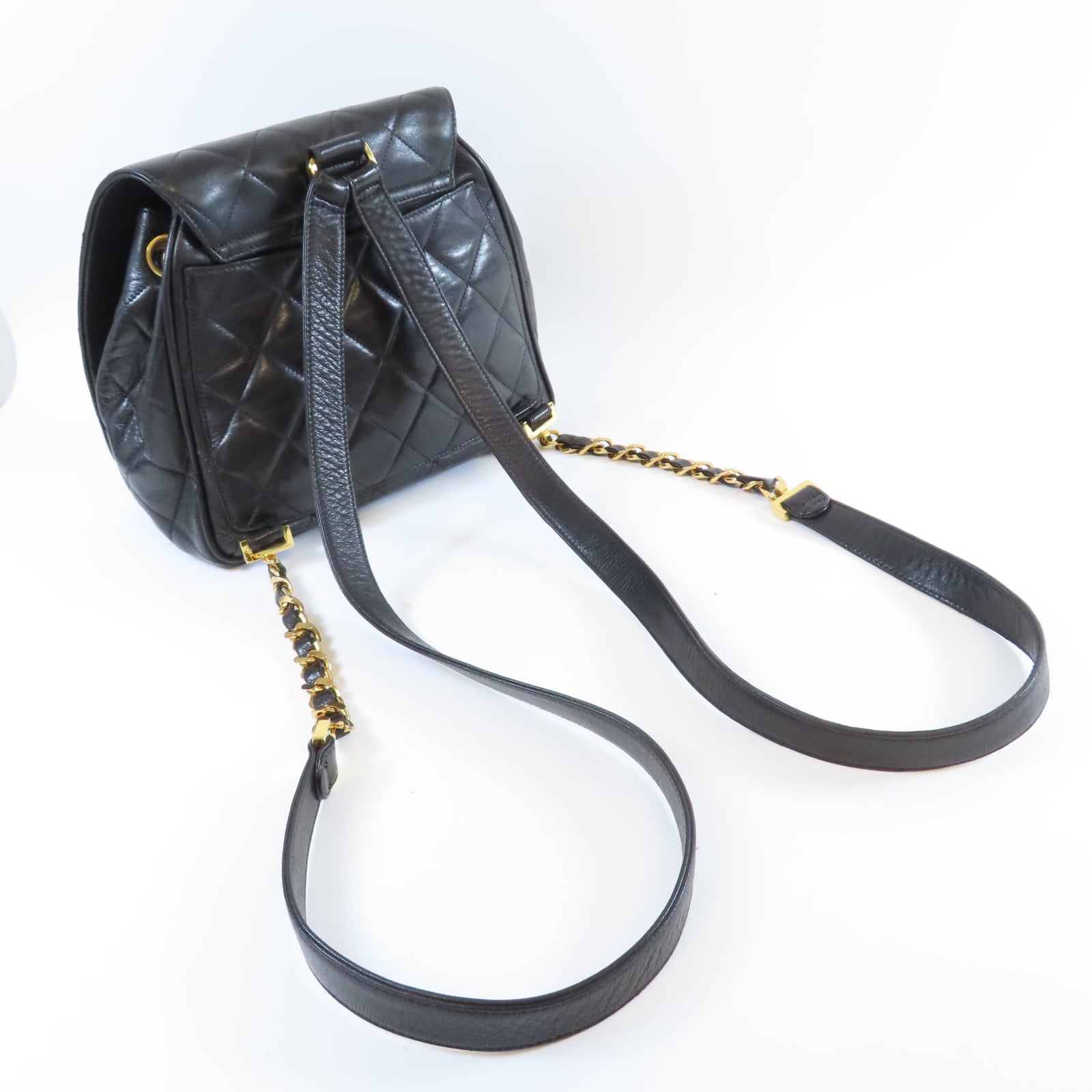 CHANEL 菱格羊皮皮革Vintage Backpack金扣背包黑色