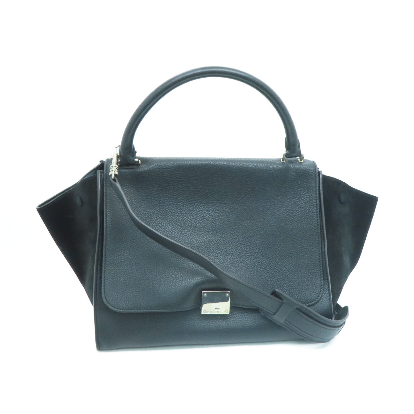 CELINE 牛皮/麂皮皮革Trapeze銀扣手挽肩背兩用袋黑色