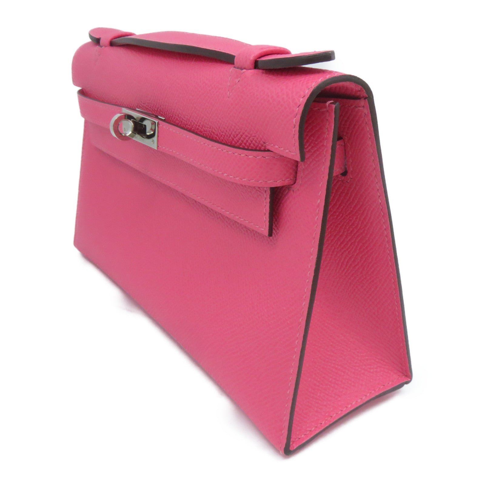 HERMES Epsom皮革Kelly Pochette銀扣手挽袋粉紅色