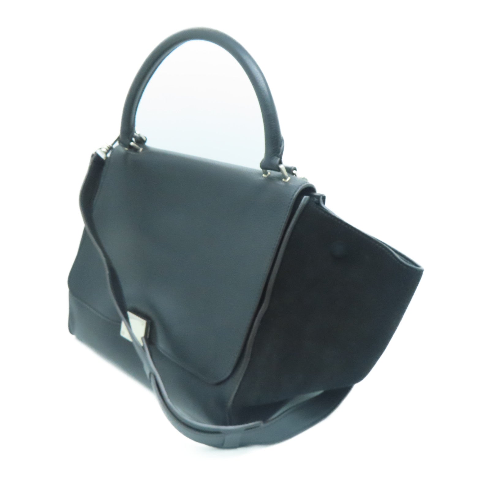 CELINE 牛皮/麂皮皮革Trapeze銀扣手挽肩背兩用袋黑色