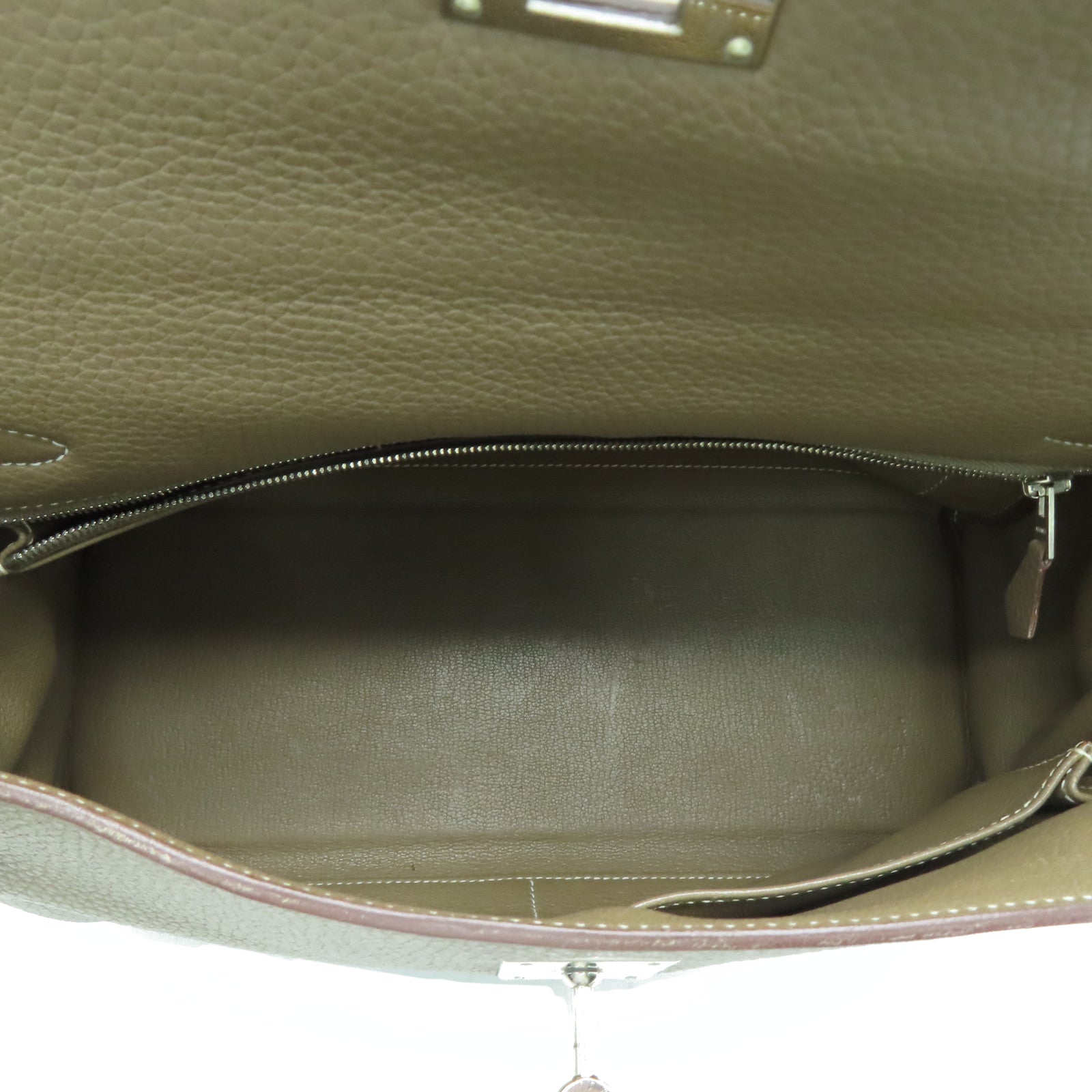 HERMES 【激减优惠】Clemence皮革Kelly 32银扣手挽袋卡其色