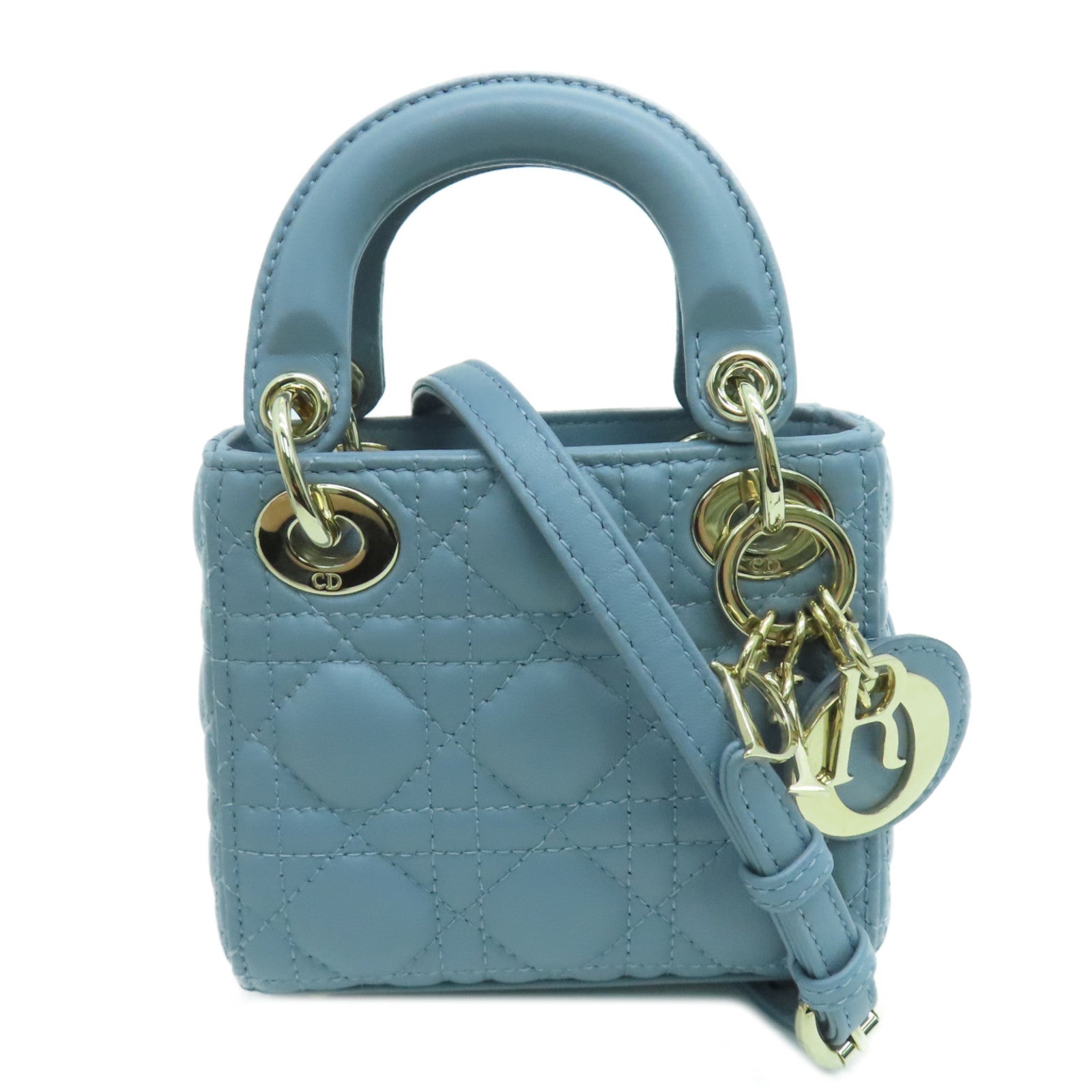Dior 羊皮皮革Mini Lady Dior金扣手挽肩背两用袋蓝色
