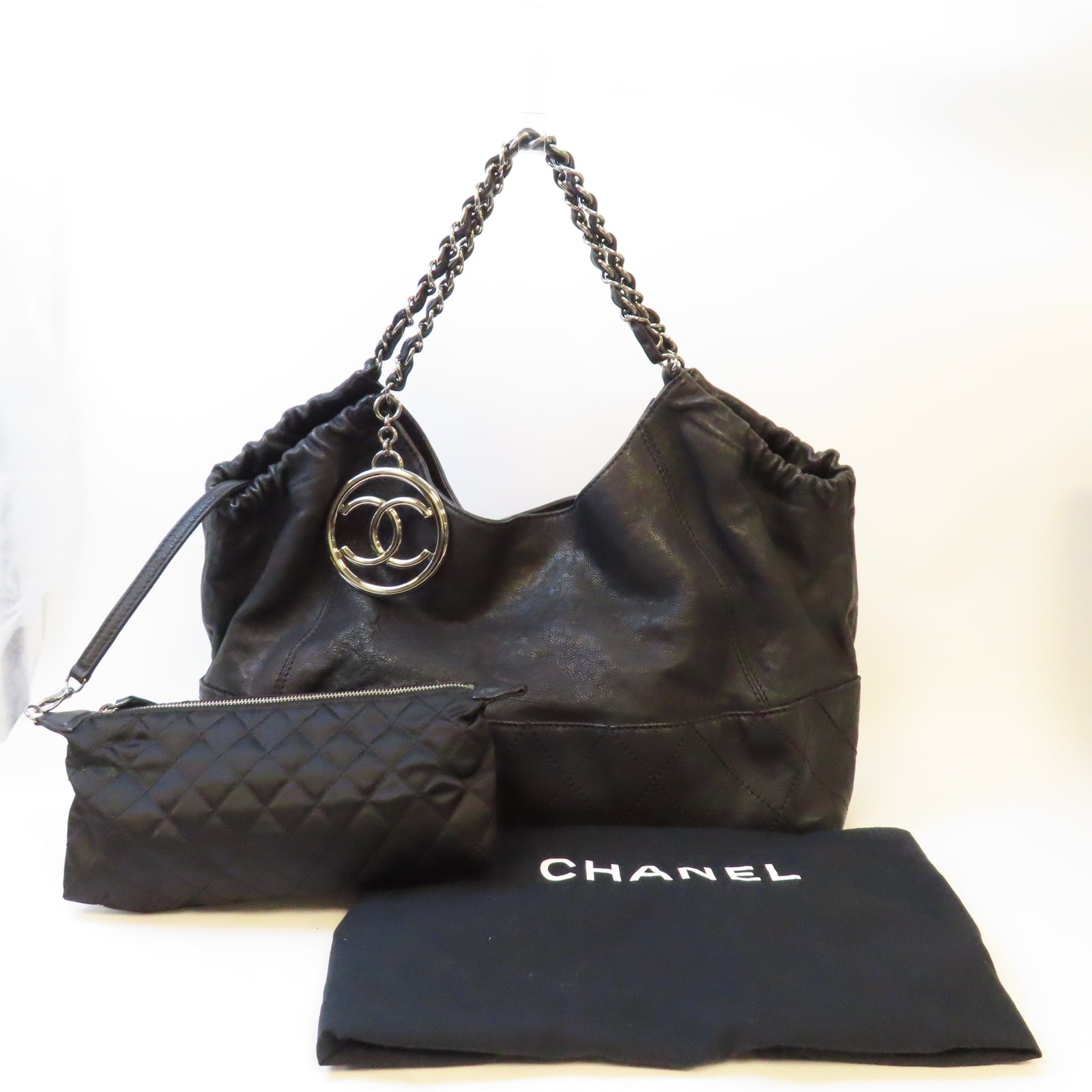 CHANEL 菱格牛皮皮革Handbag銀扣鏈帶手挽袋黑色