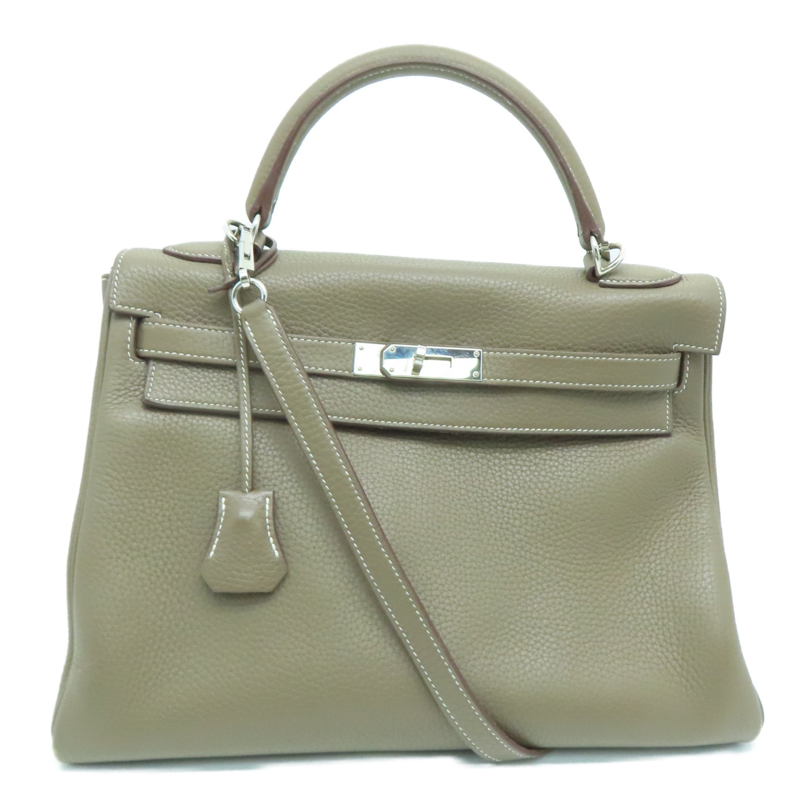HERMES 【激减优惠】Clemence皮革Kelly 32银扣手挽袋卡其色