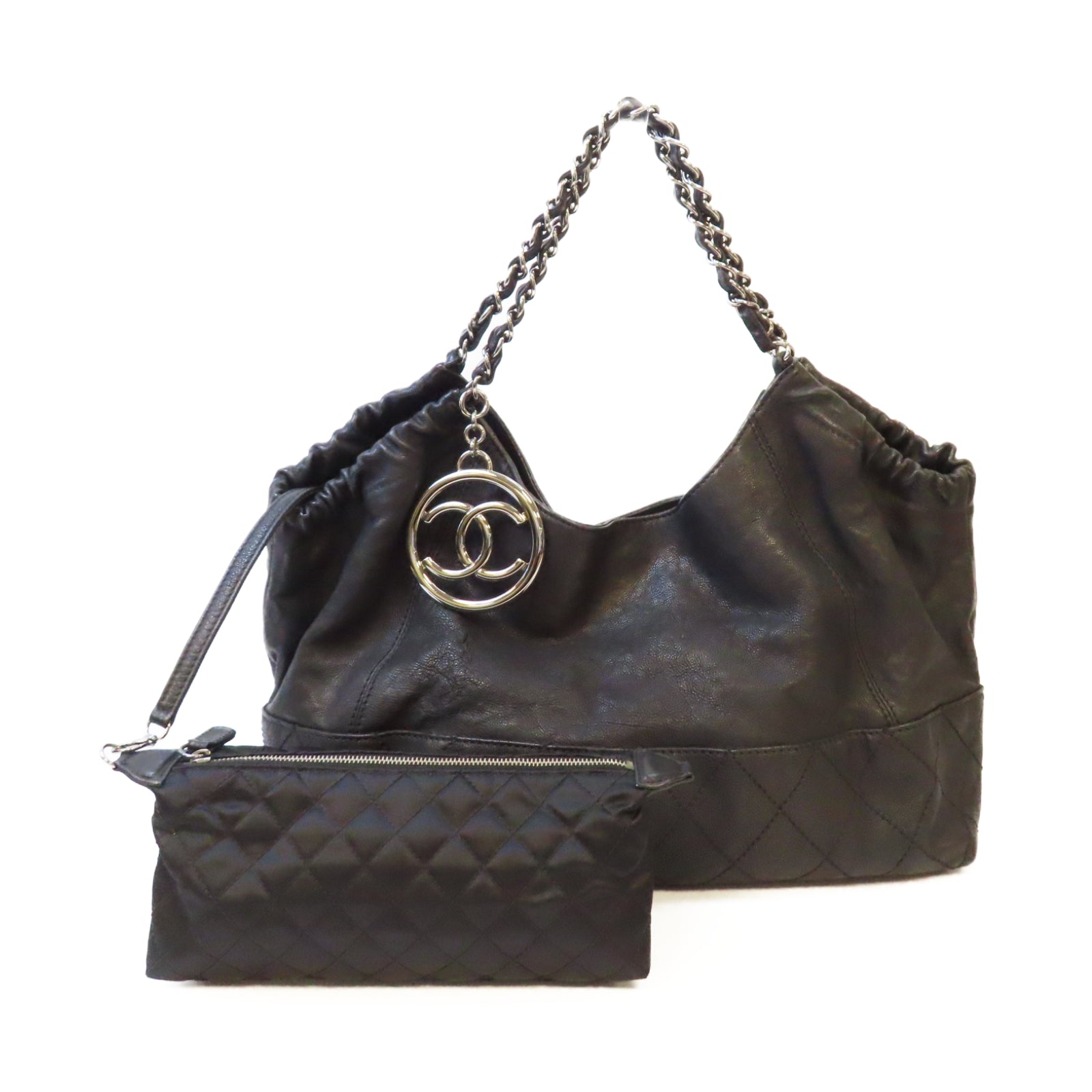 CHANEL 菱格牛皮皮革Handbag銀扣鏈帶手挽袋黑色