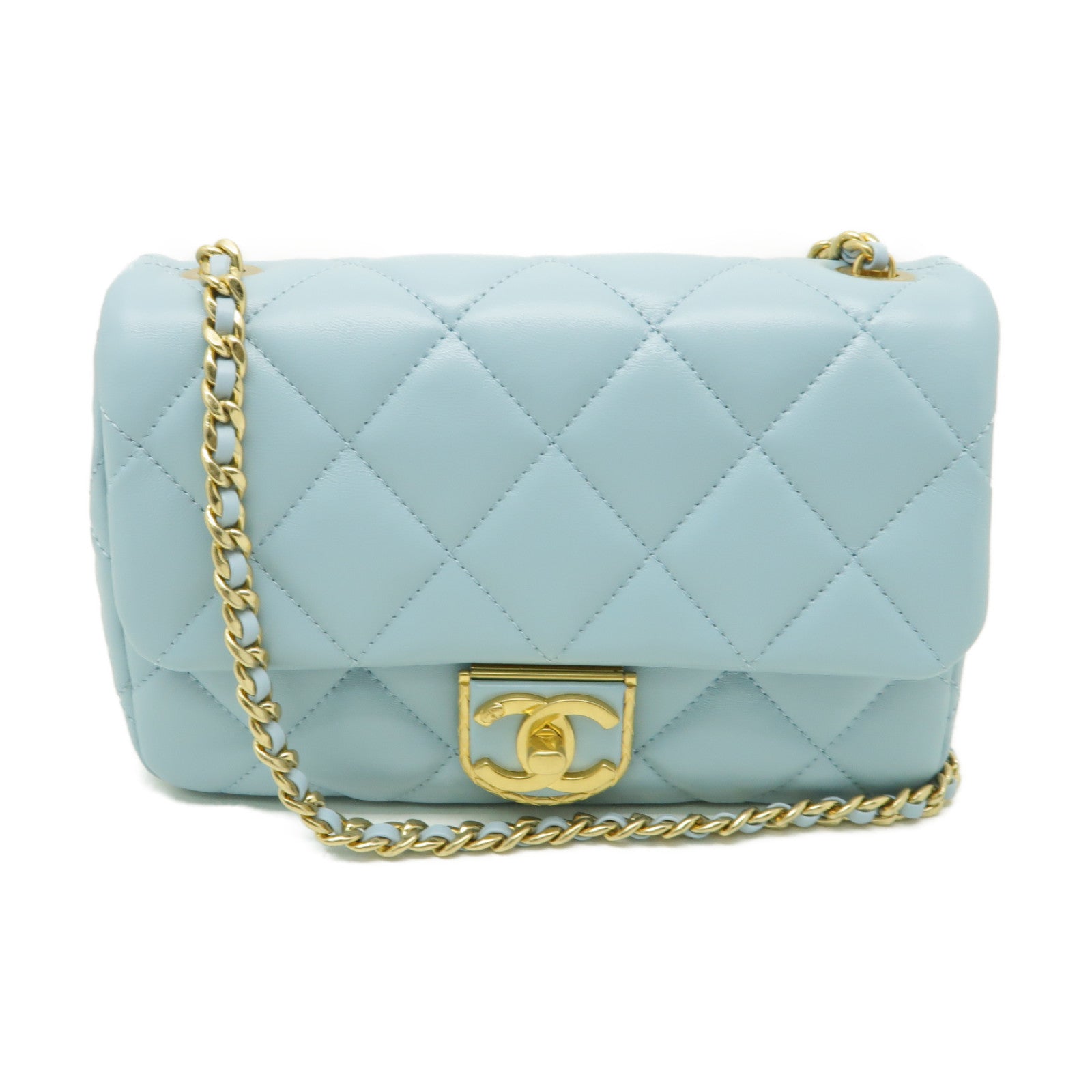 CHANEL 菱格羊皮皮革Chain Shoulder金扣鏈帶肩背袋淺藍色