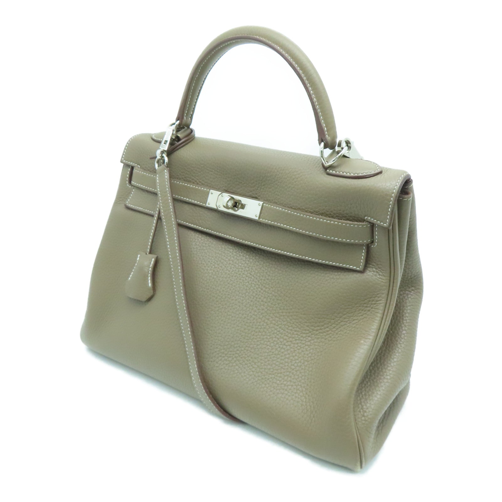 HERMES 【激减优惠】Clemence皮革Kelly 32银扣手挽袋卡其色