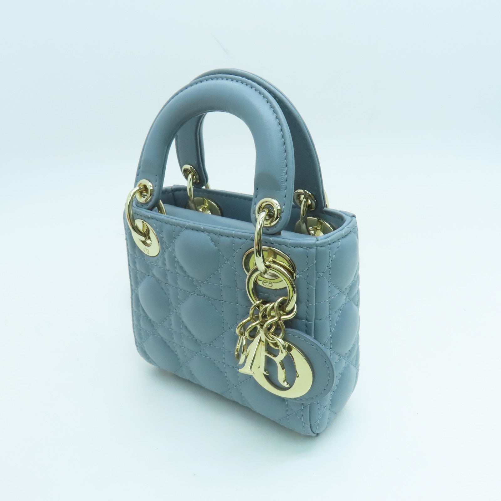 Dior 羊皮皮革Mini Lady Dior金扣手挽肩背两用袋蓝色