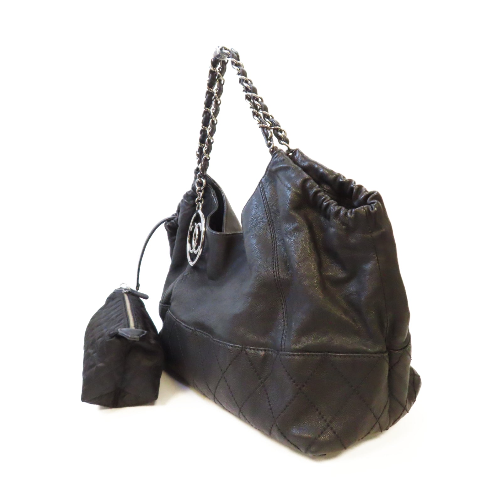 CHANEL 菱格牛皮皮革Handbag銀扣鏈帶手挽袋黑色