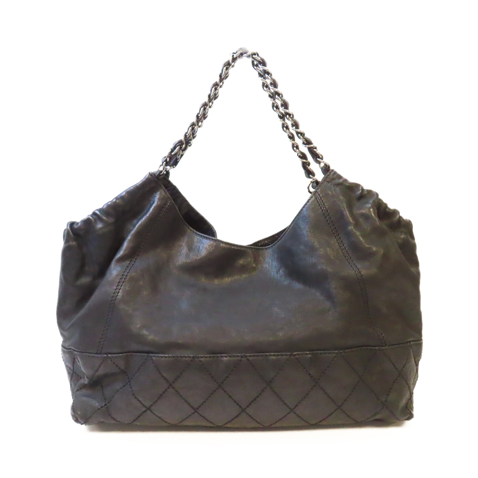 CHANEL 菱格牛皮皮革Handbag銀扣鏈帶手挽袋黑色