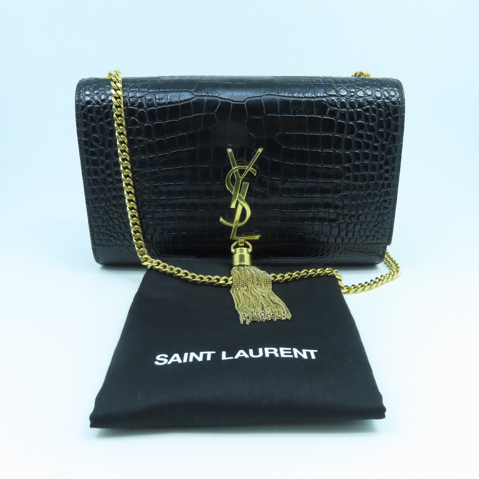 SAINT LAURENT Calf Leather Kate Medium Gold Buckle Chain Shoulder Bag Black