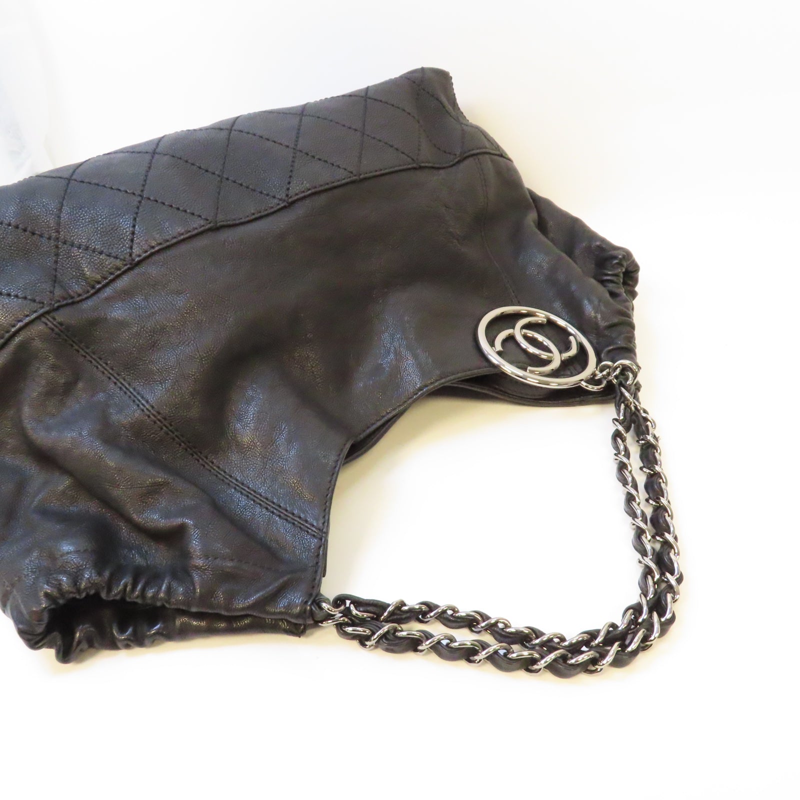 CHANEL 菱格牛皮皮革Handbag銀扣鏈帶手挽袋黑色