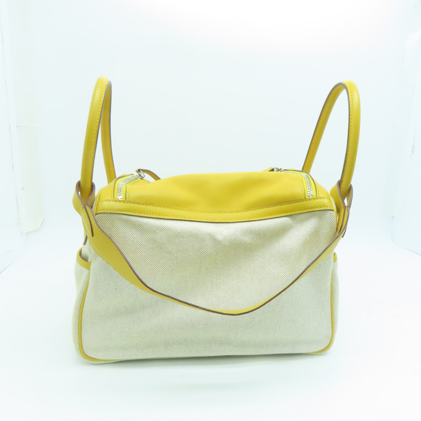HERMES Cowhide Leather Canvas Lindy 30 Silver Button Handle Bag Beige/Yellow