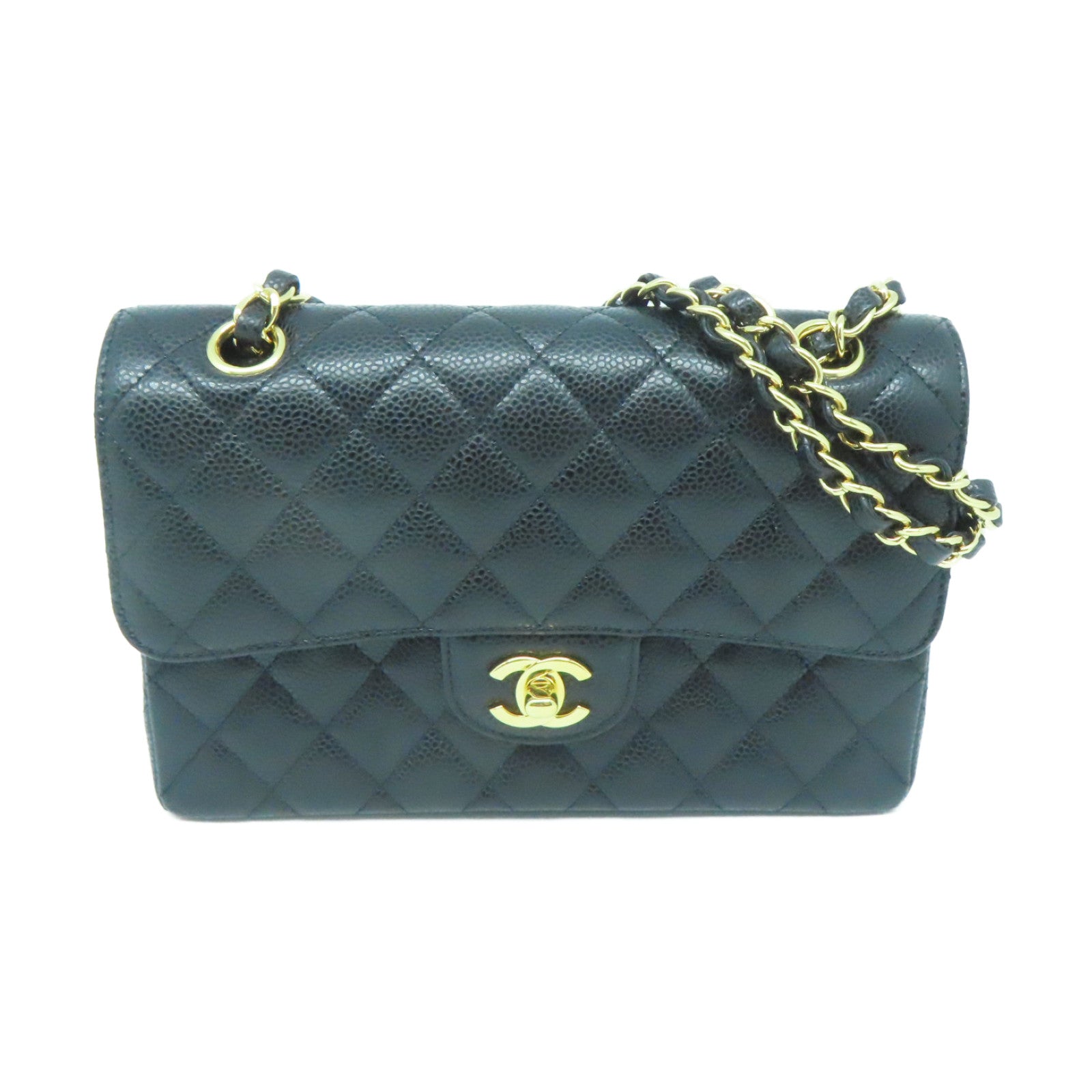 CHANEL 菱格Caviar皮革Classic Bag金扣链带肩背袋黑色