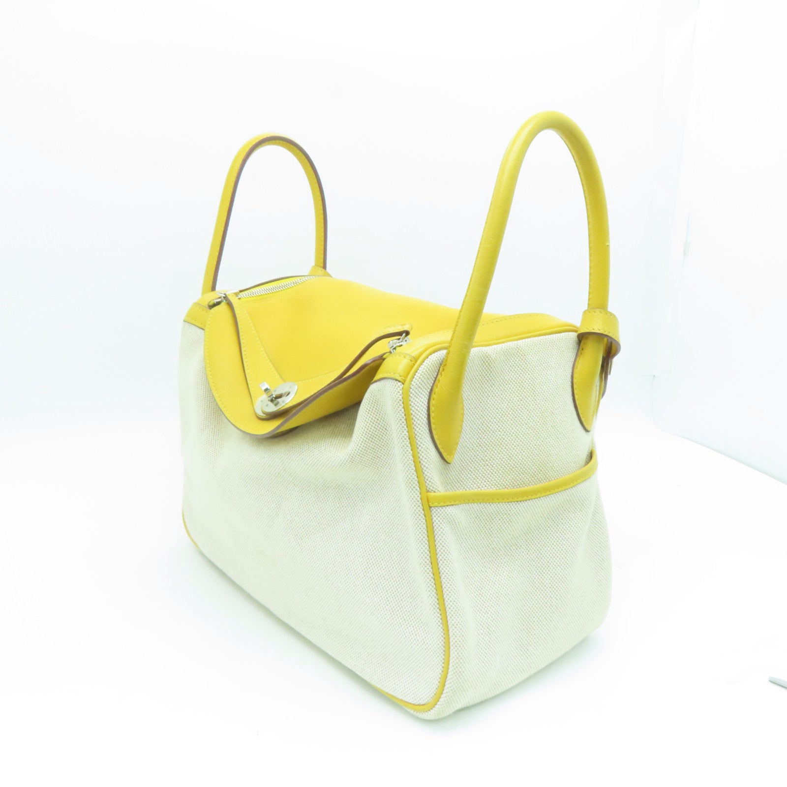 HERMES Cowhide Leather Canvas Lindy 30 Silver Button Handle Bag Beige/Yellow