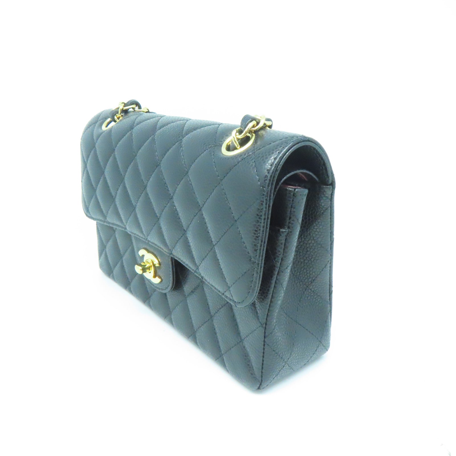 CHANEL 菱格Caviar皮革Classic Bag金扣链带肩背袋黑色