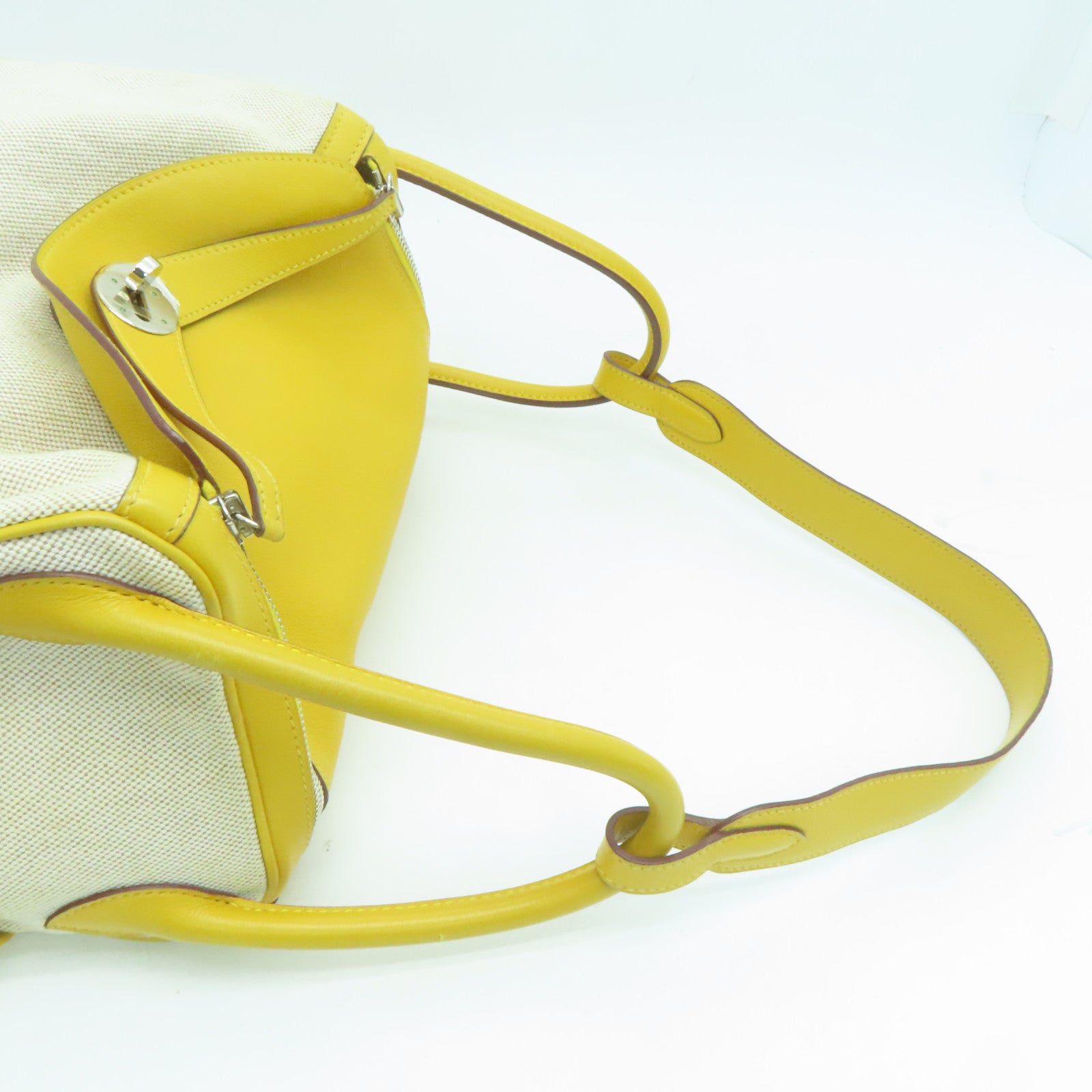 HERMES Cowhide Leather Canvas Lindy 30 Silver Button Handle Bag Beige/Yellow