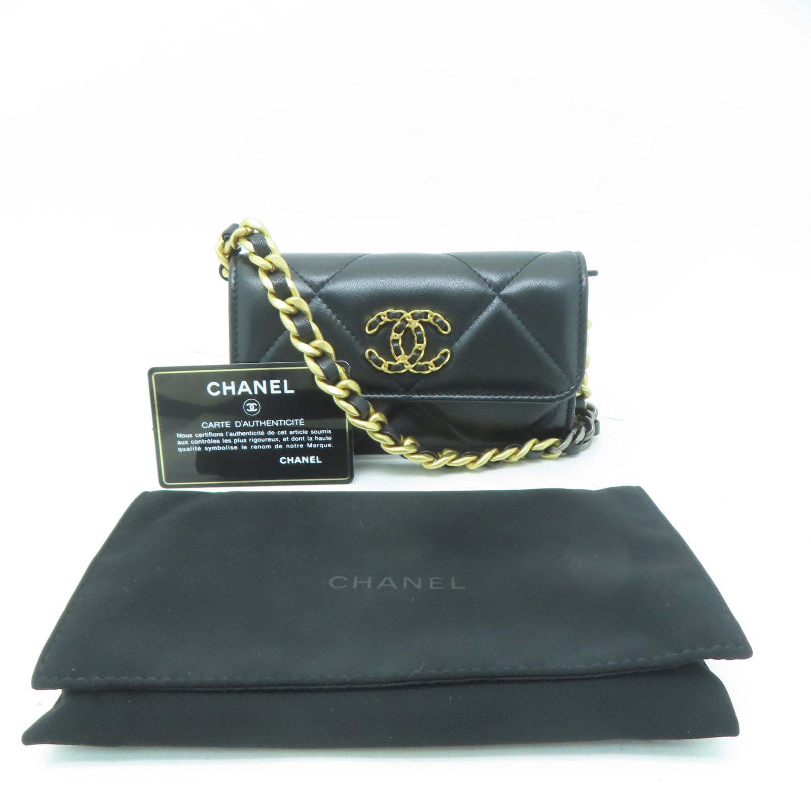 CHANEL 菱格羊皮皮革Chain Shoulder金扣鏈帶肩背袋黑色