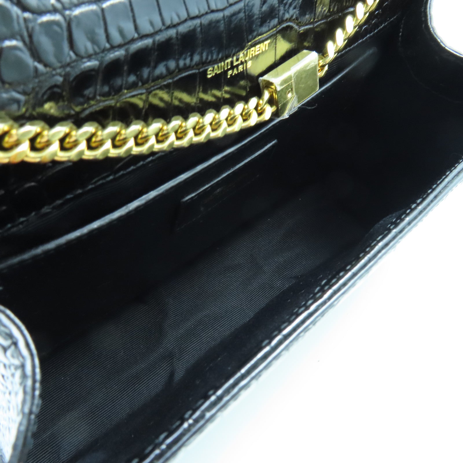 SAINT LAURENT Calf Leather Kate Medium Gold Buckle Chain Shoulder Bag Black