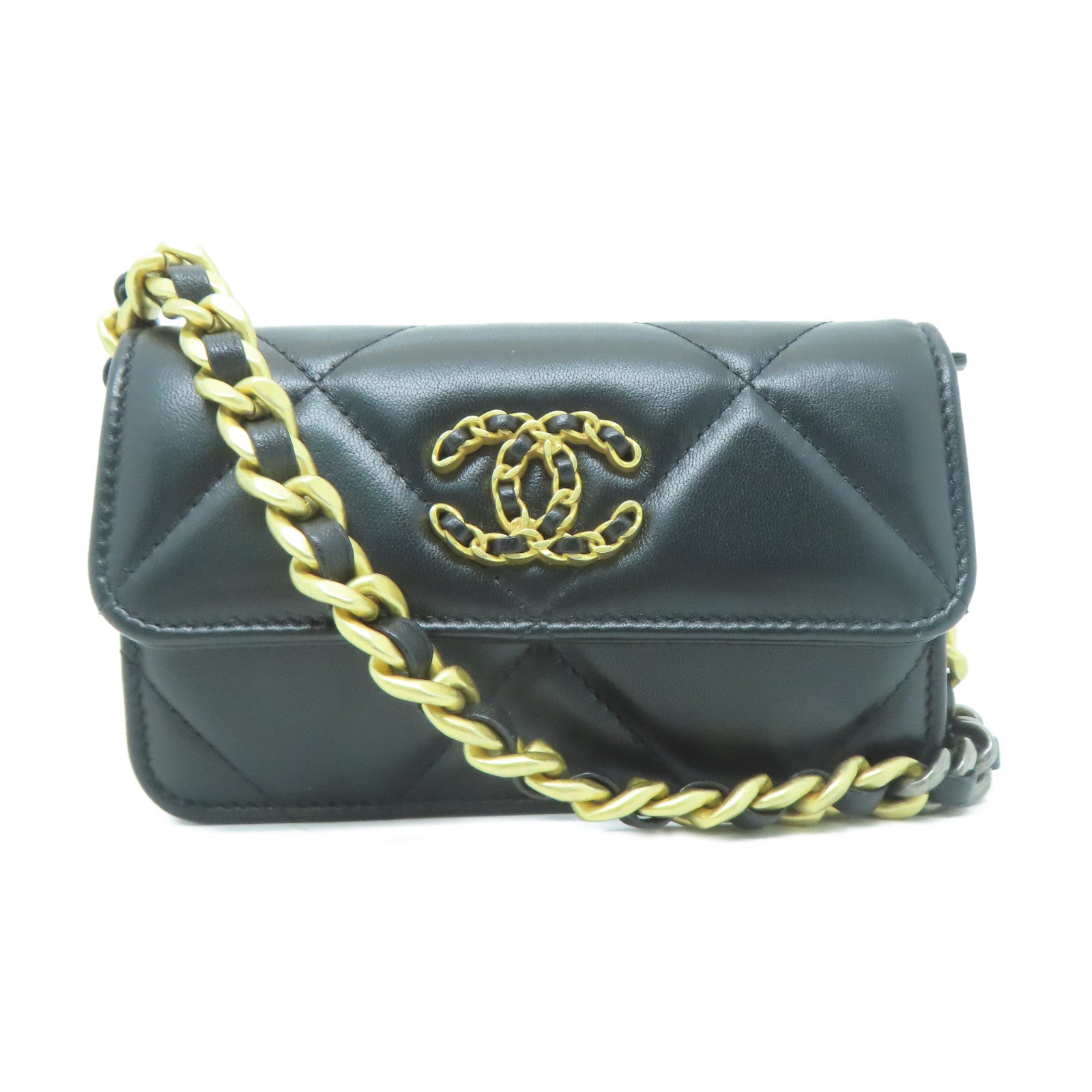 CHANEL 菱格羊皮皮革Chain Shoulder金扣鏈帶肩背袋黑色