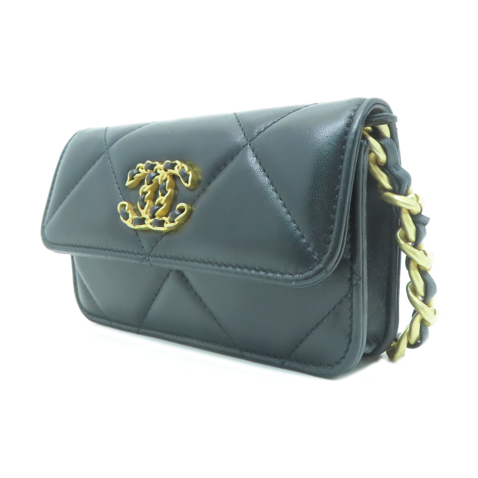 CHANEL 菱格羊皮皮革Chain Shoulder金扣鏈帶肩背袋黑色