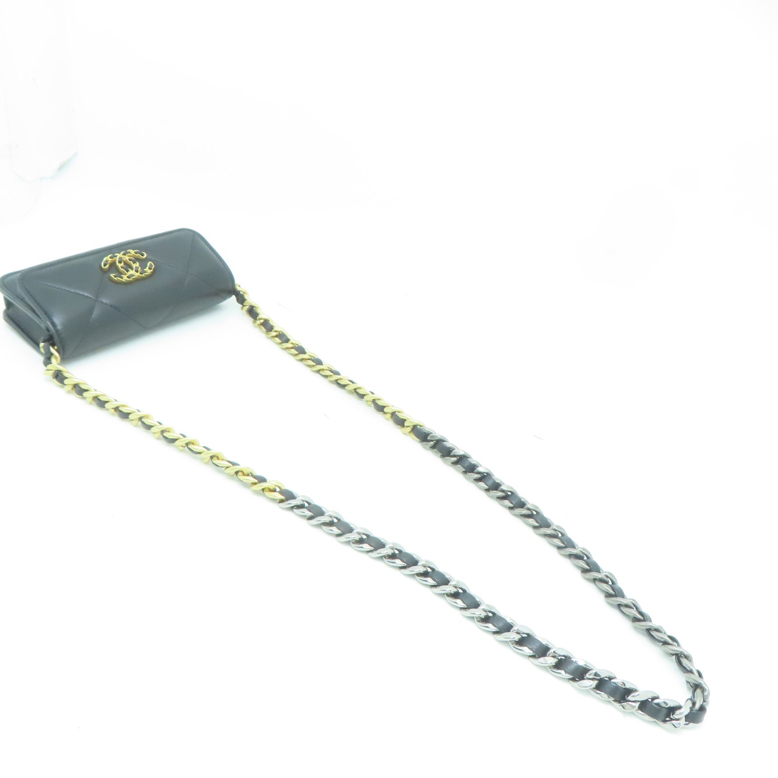 CHANEL 菱格羊皮皮革Chain Shoulder金扣鏈帶肩背袋黑色
