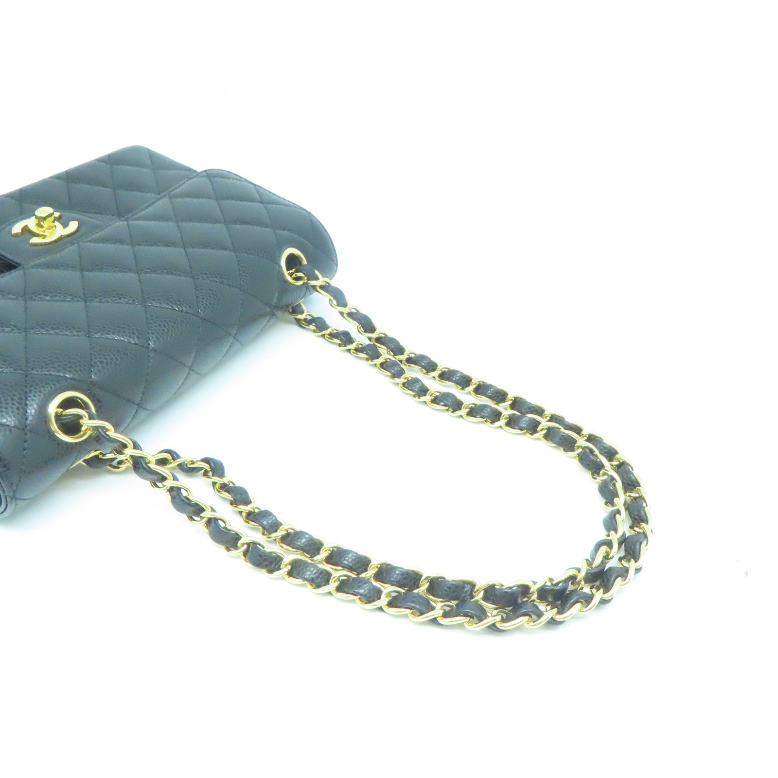CHANEL 菱格Caviar皮革Classic Bag金扣链带肩背袋黑色