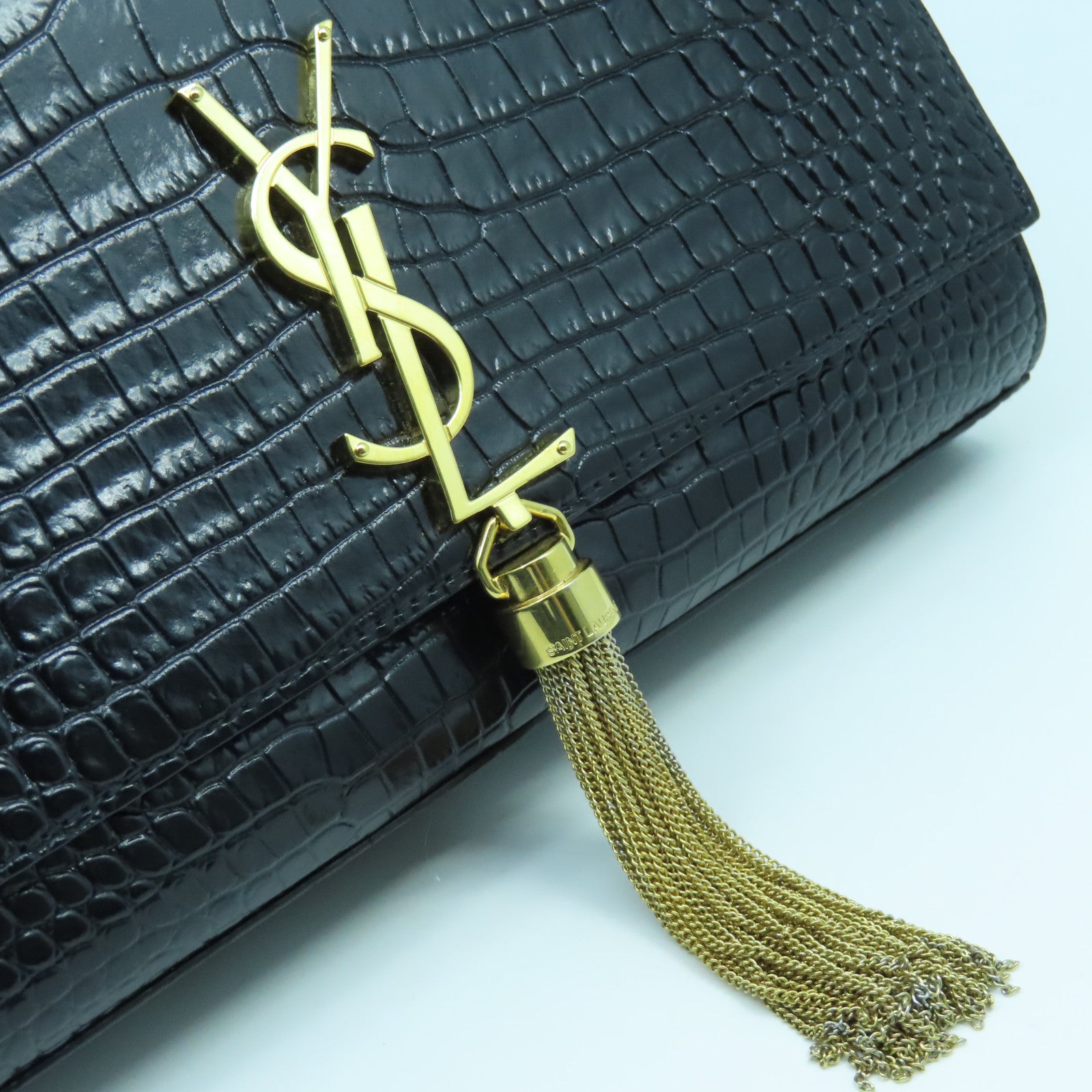 SAINT LAURENT Calf Leather Kate Medium Gold Buckle Chain Shoulder Bag Black
