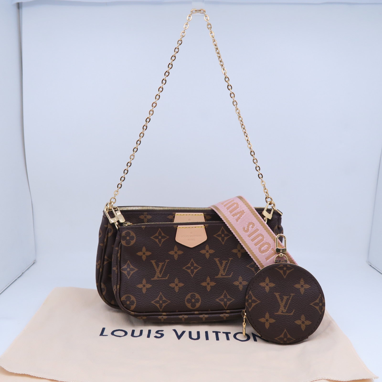 LOUIS VUITTON Monogram Pochette Accessoires金扣手挽肩背兩用袋啡色/粉紅色