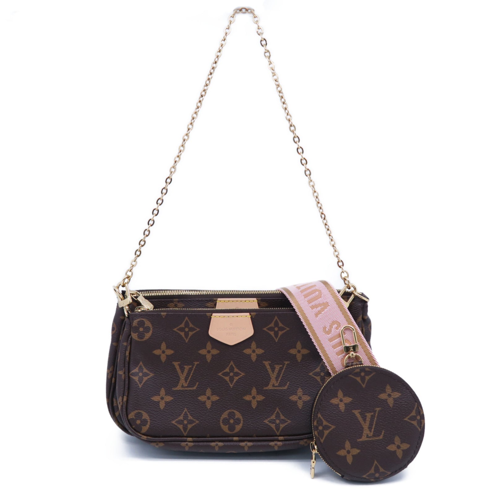 LOUIS VUITTON Monogram Pochette Accessoires金扣手挽肩背兩用袋啡色/粉紅色