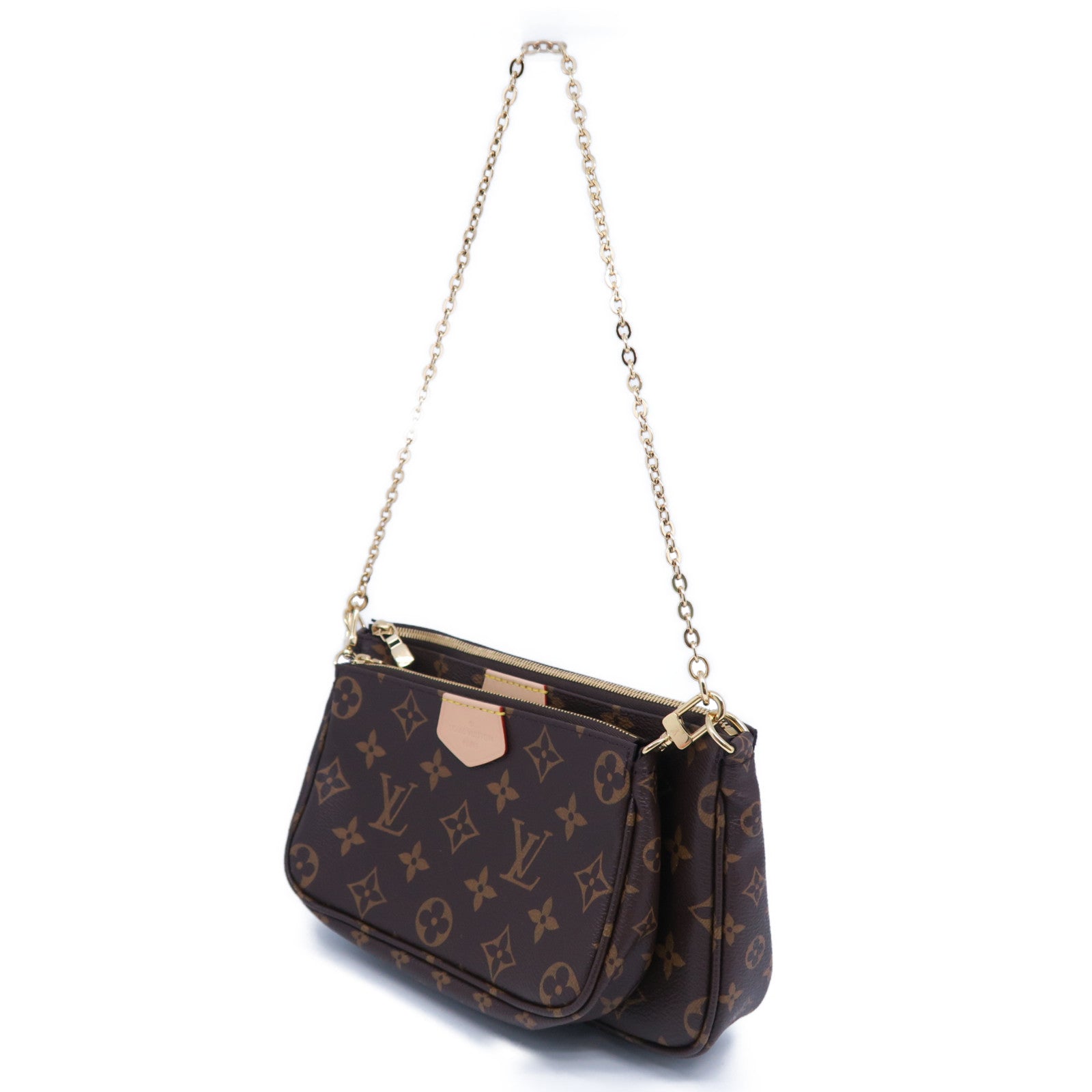 LOUIS VUITTON Monogram Pochette Accessoires金扣手挽肩背兩用袋啡色/粉紅色