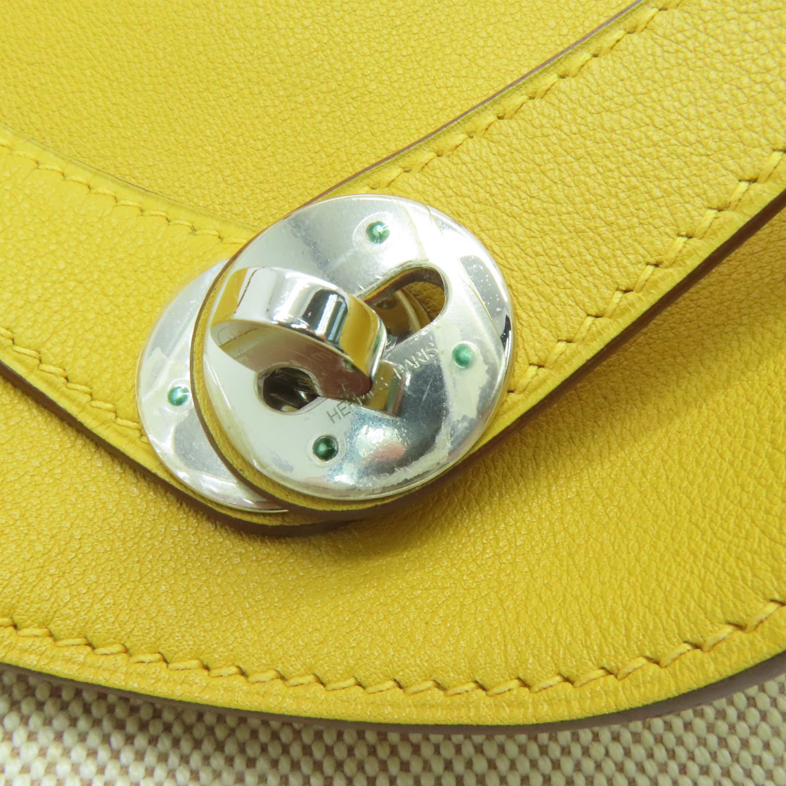 HERMES Cowhide Leather Canvas Lindy 30 Silver Button Handle Bag Beige/Yellow