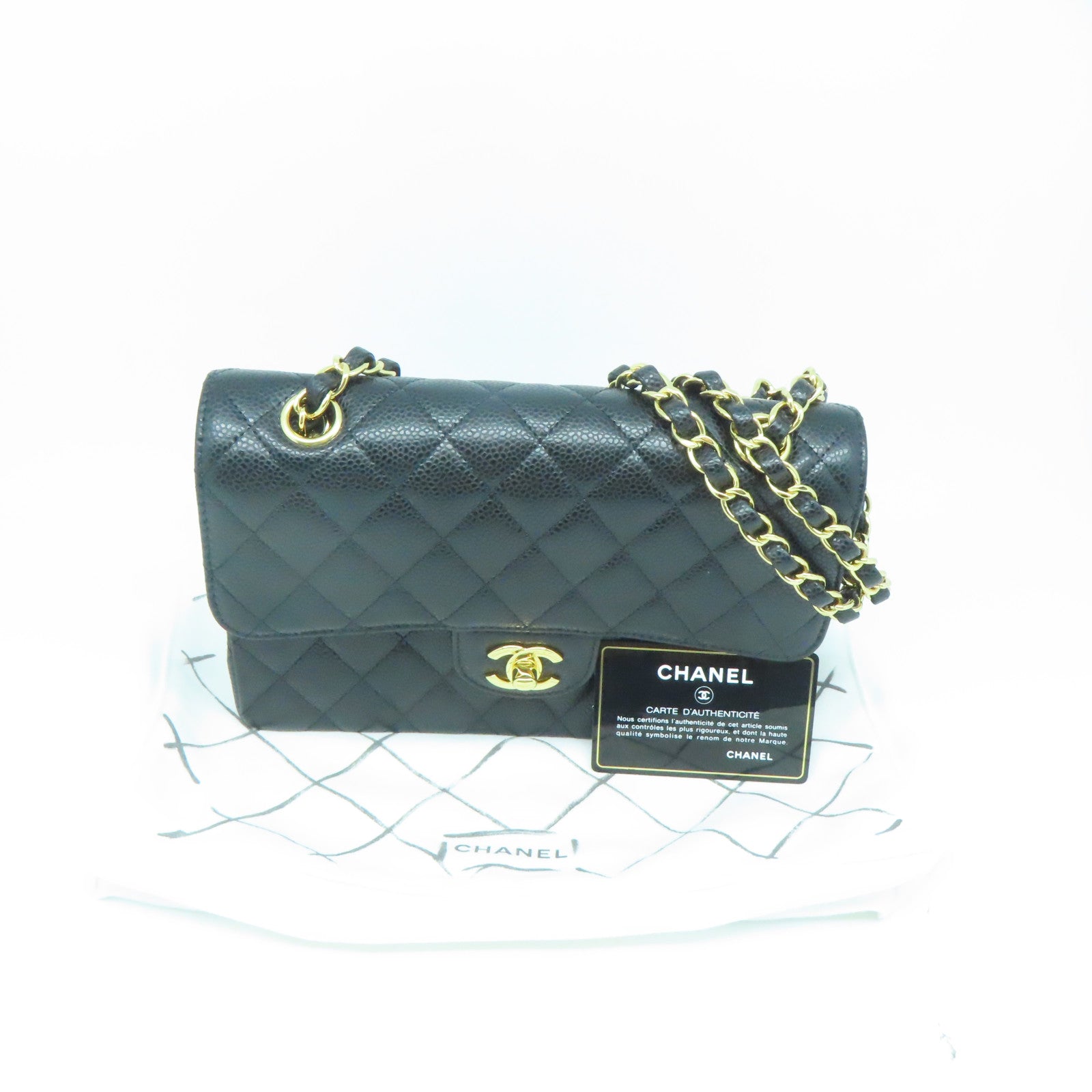 CHANEL 菱格Caviar皮革Classic Bag金扣链带肩背袋黑色