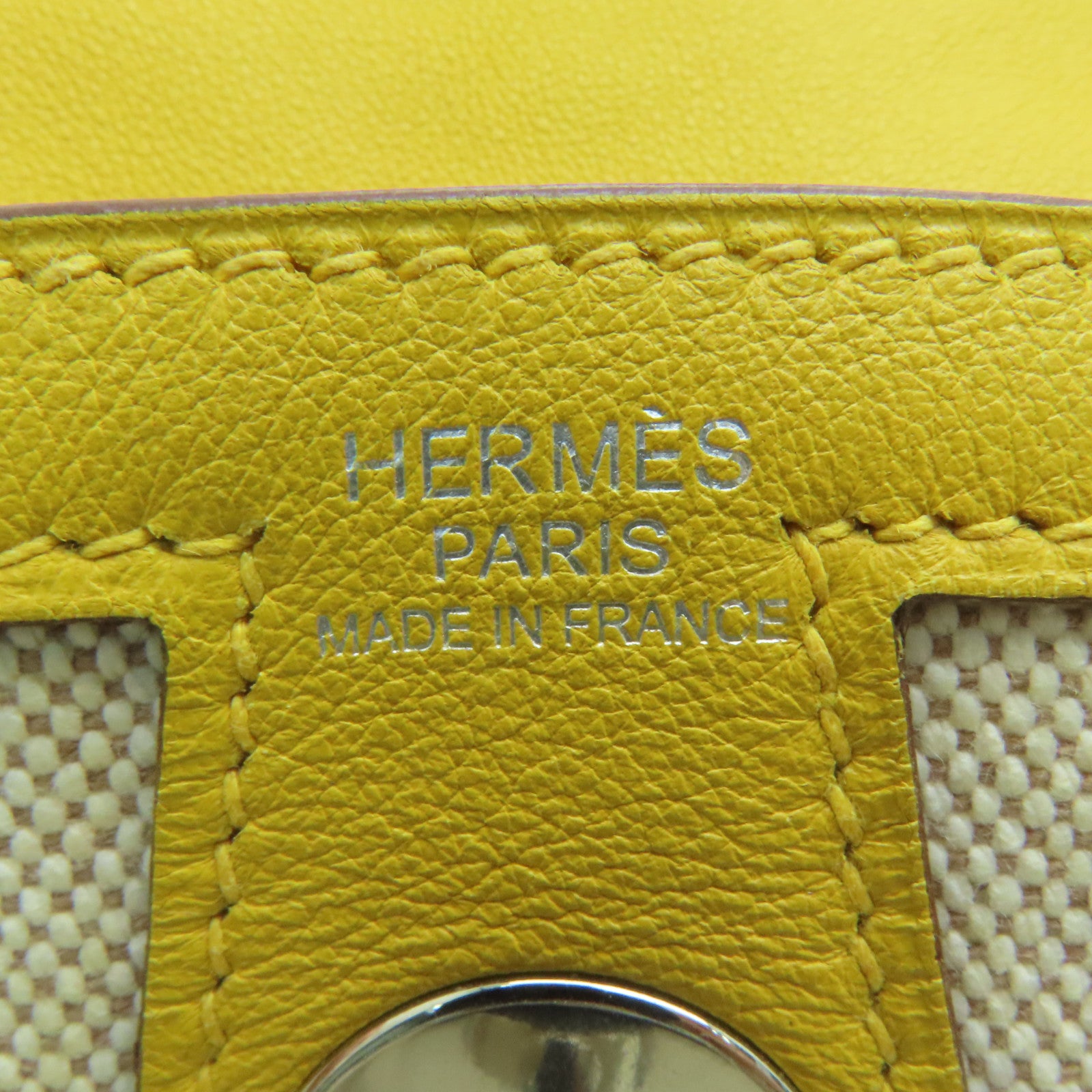HERMES Cowhide Leather Canvas Lindy 30 Silver Button Handle Bag Beige/Yellow
