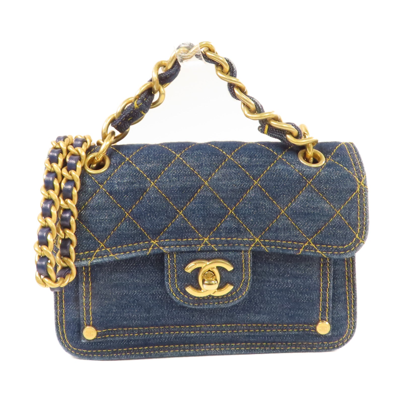 CHANEL 菱格牛仔布2Way Chain Shoulder Bag金扣手挽肩背兩用袋藍色