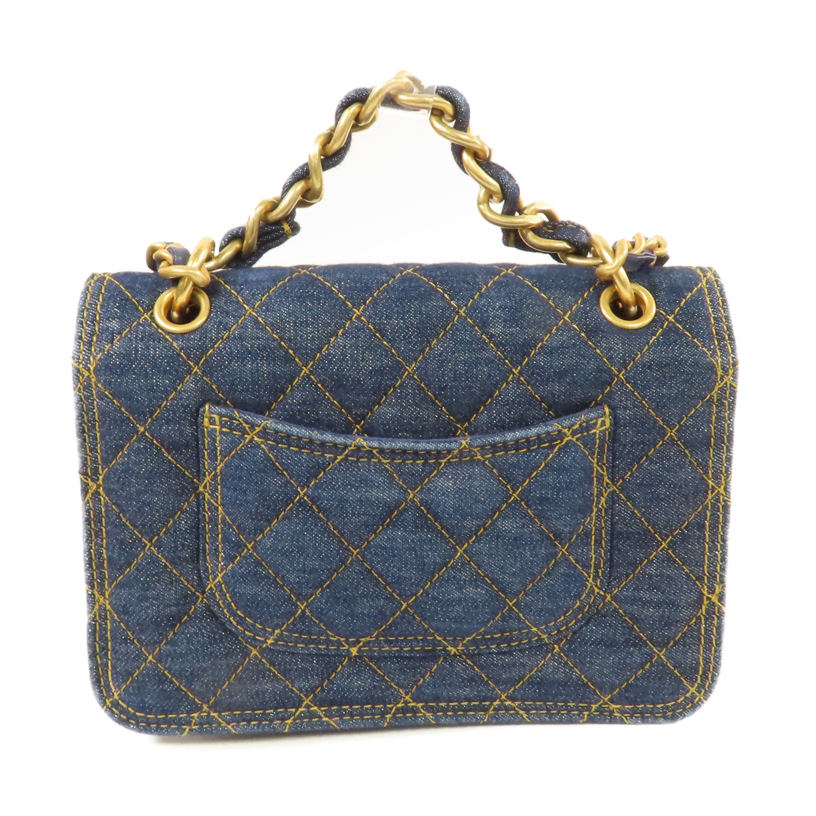 CHANEL 菱格牛仔布2Way Chain Shoulder Bag金扣手挽肩背兩用袋藍色