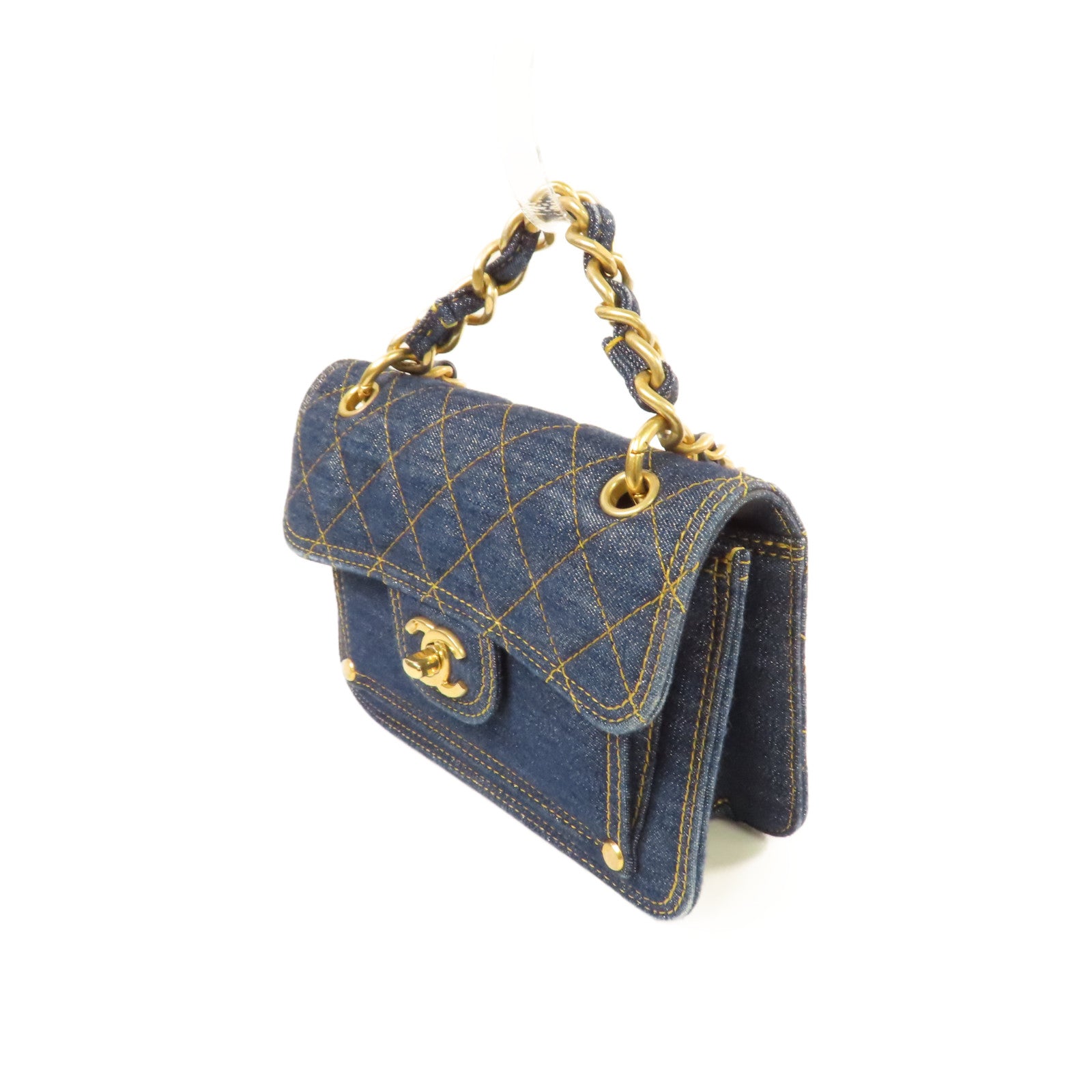 CHANEL 菱格牛仔布2Way Chain Shoulder Bag金扣手挽肩背兩用袋藍色